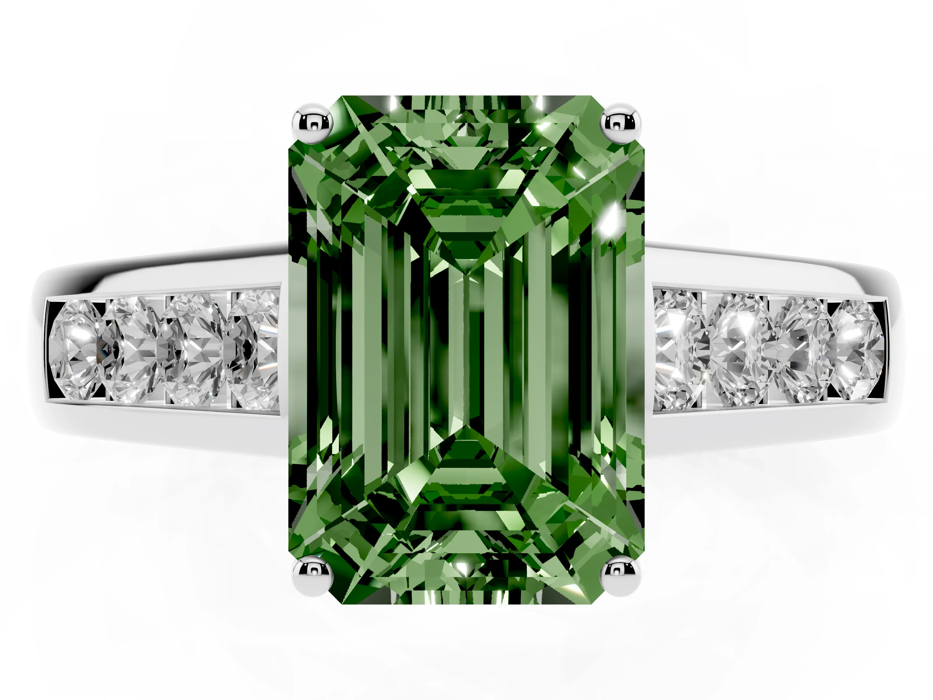 Fancy Green Emerald Cut Diamond Solitaire Channel-Set Engagement Ring Set in White gold with Prong Setting