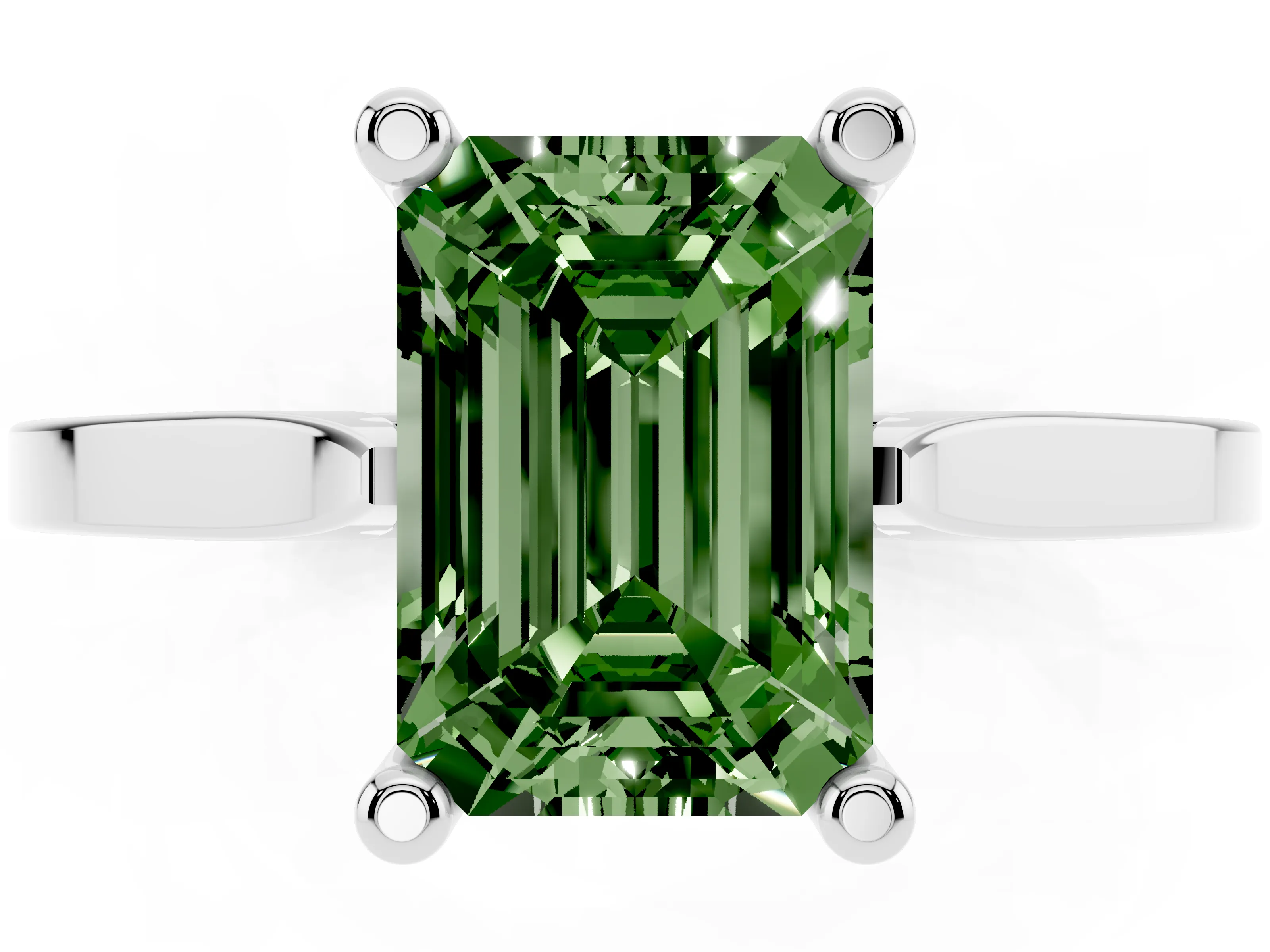 Fancy Green Emerald Cut Diamond Solitaire Ring Set in Silver with Prong Setting and Tapered Band