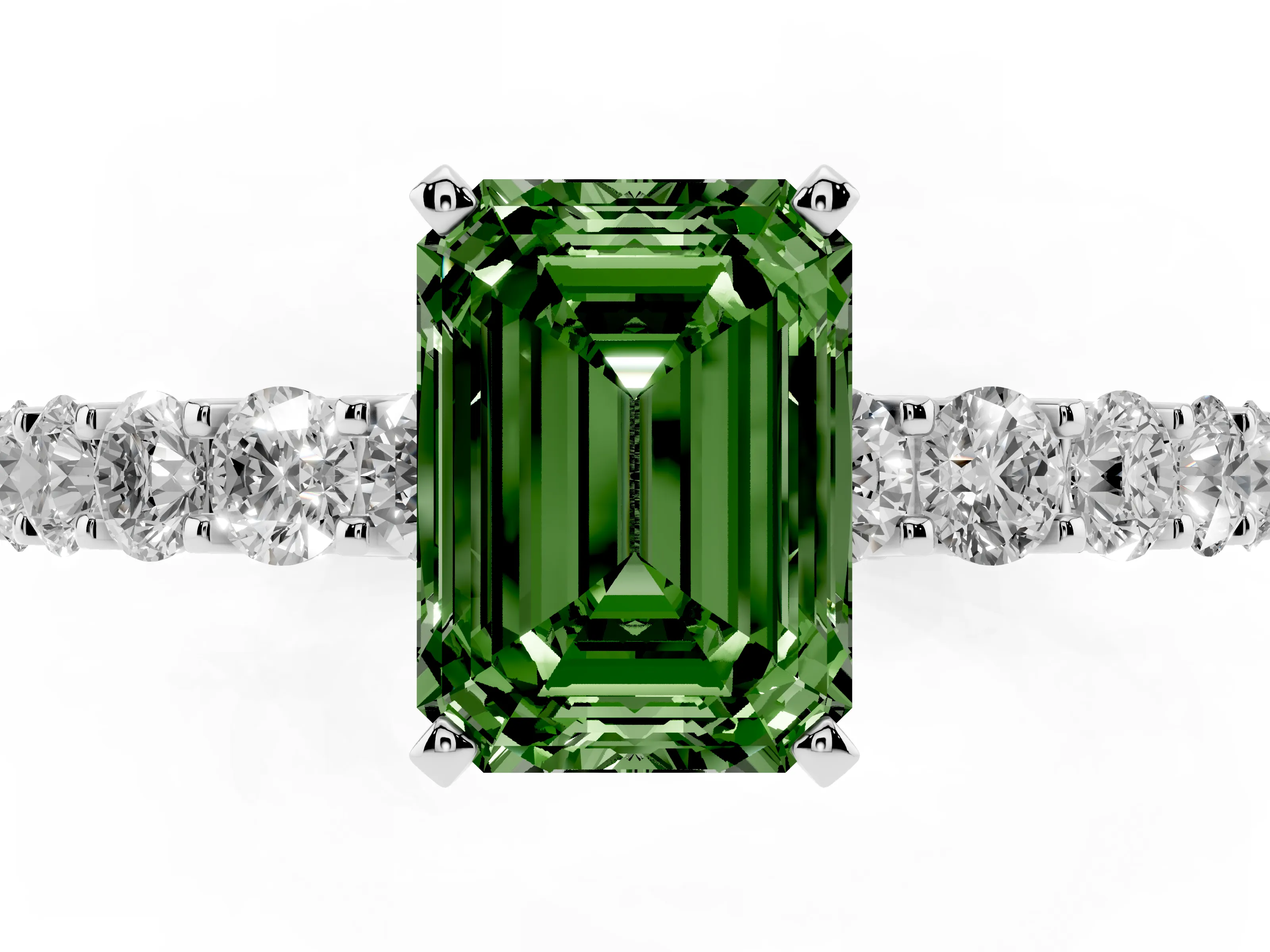 Fancy Green Emerald Cut Diamond Solitaire Ring Set in Silver with Shared Prong Pavé Band