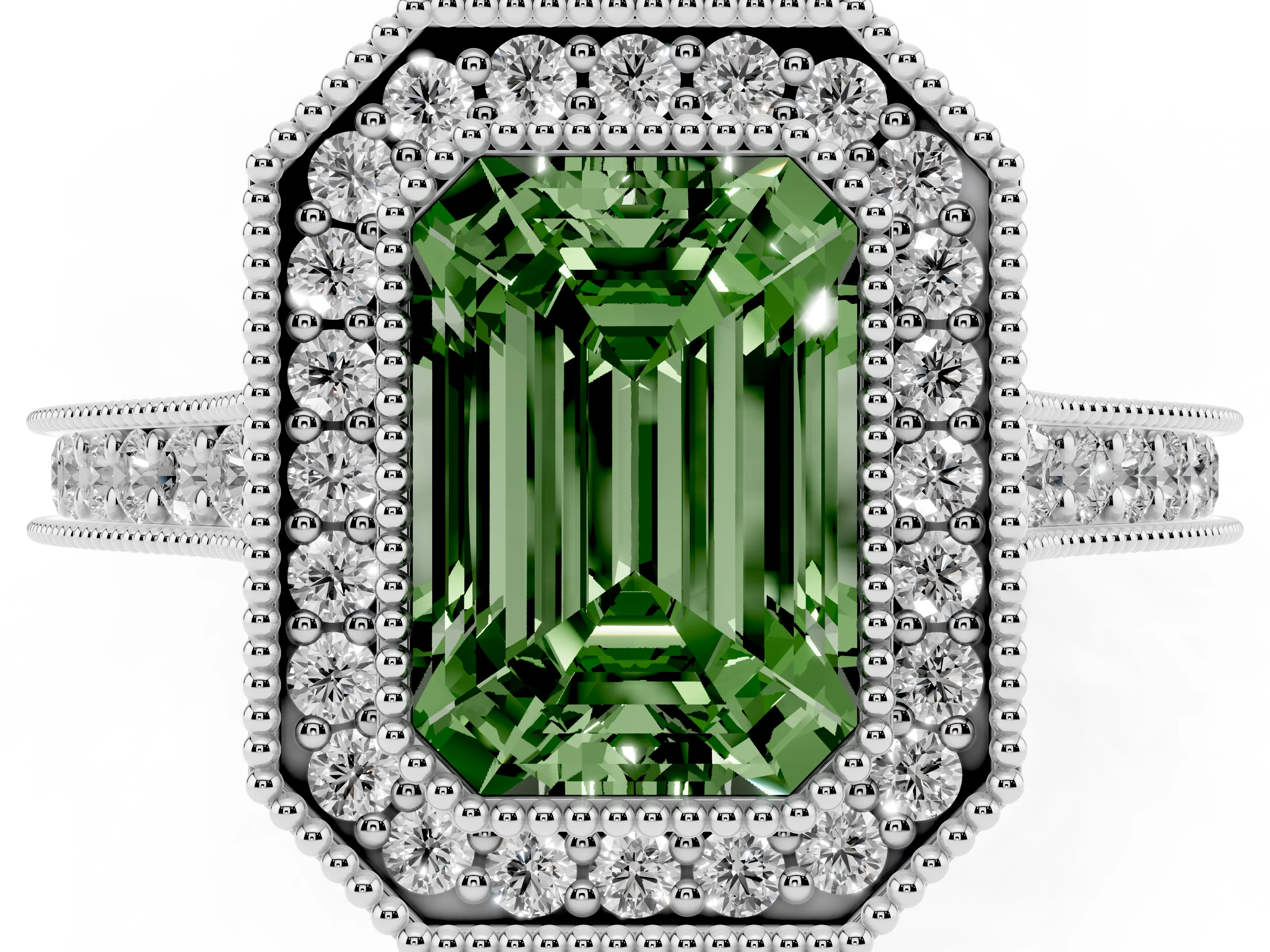 Fancy Green Emerald Cut Diamond Halo Milgrain Pavé Band Ring Set in White gold with Prong Setting