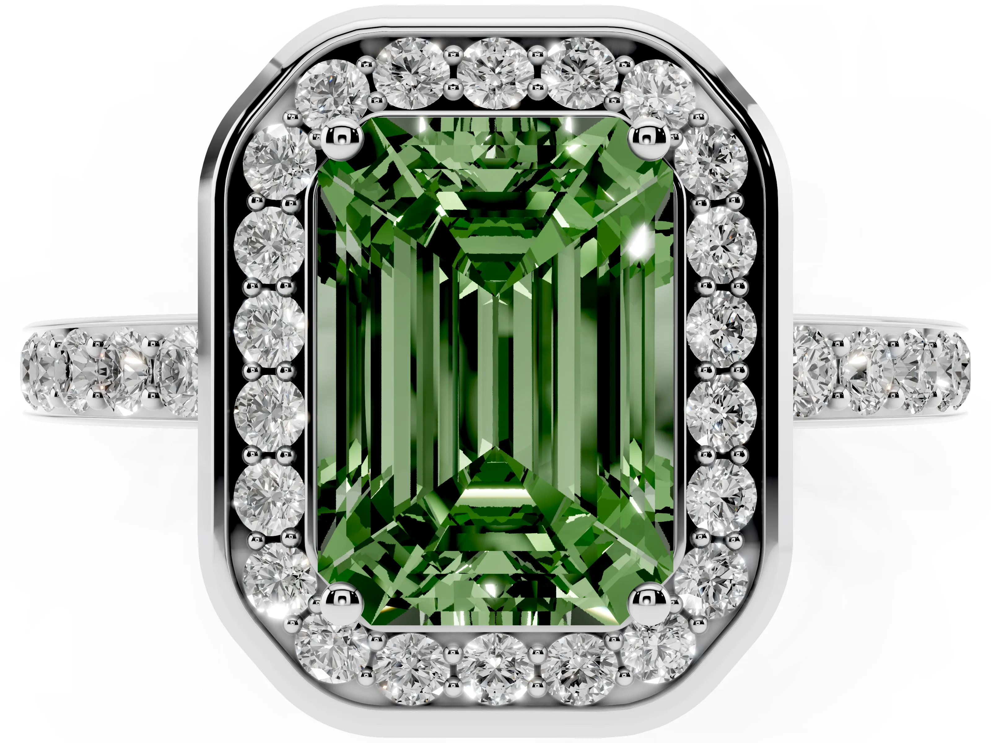Fancy Green Emerald Cut Diamond Halo Ring Set in White gold with Bezel Frame and Pavé Band
