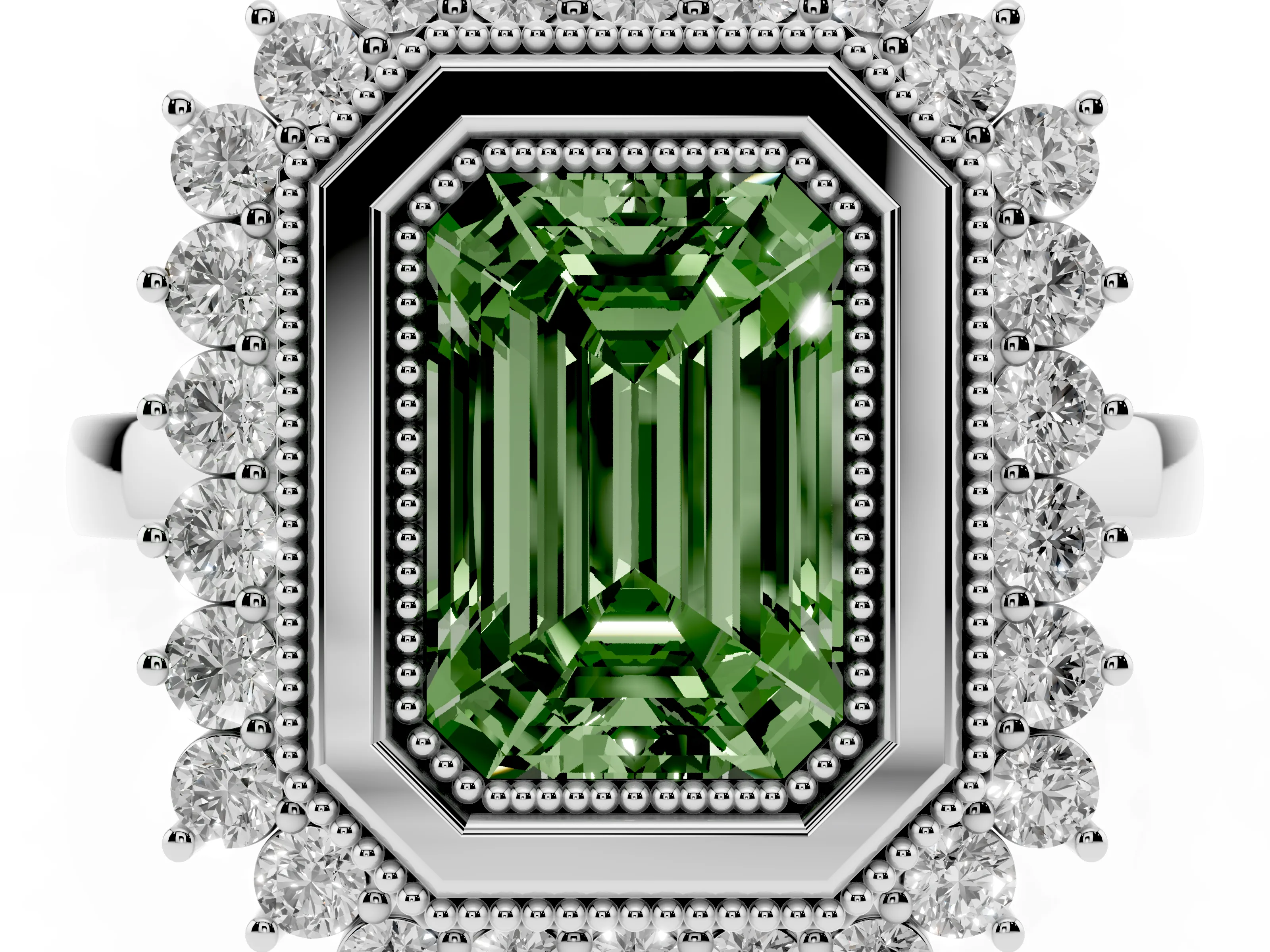 Fancy Green Emerald Cut Diamond Halo Ring Set in Silver with Milgrain Edge and Round Prong Setting