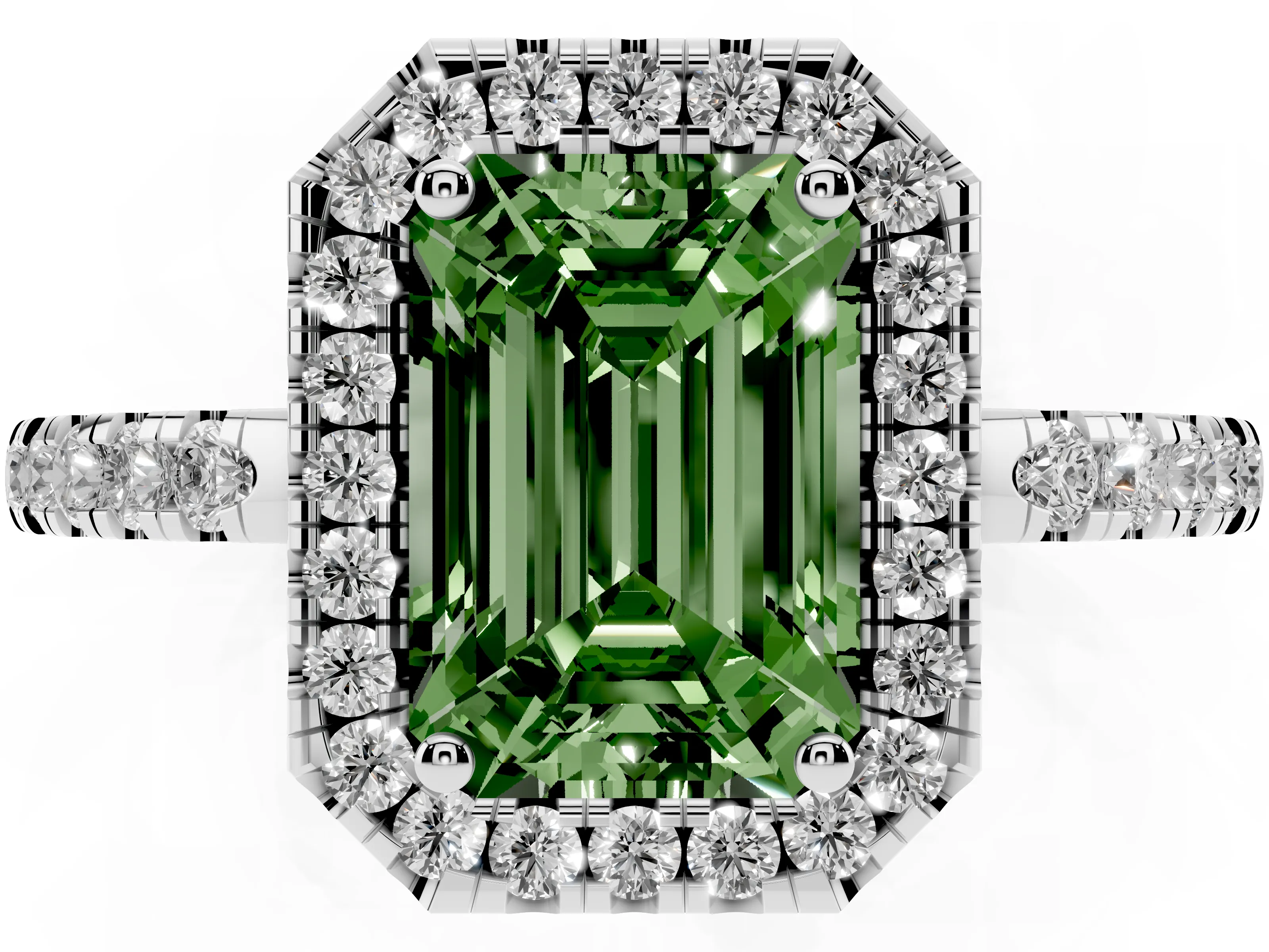 Fancy Green Emerald Cut Diamond Pavé Band Halo Engagement Ring Set in Silver with Prong Setting