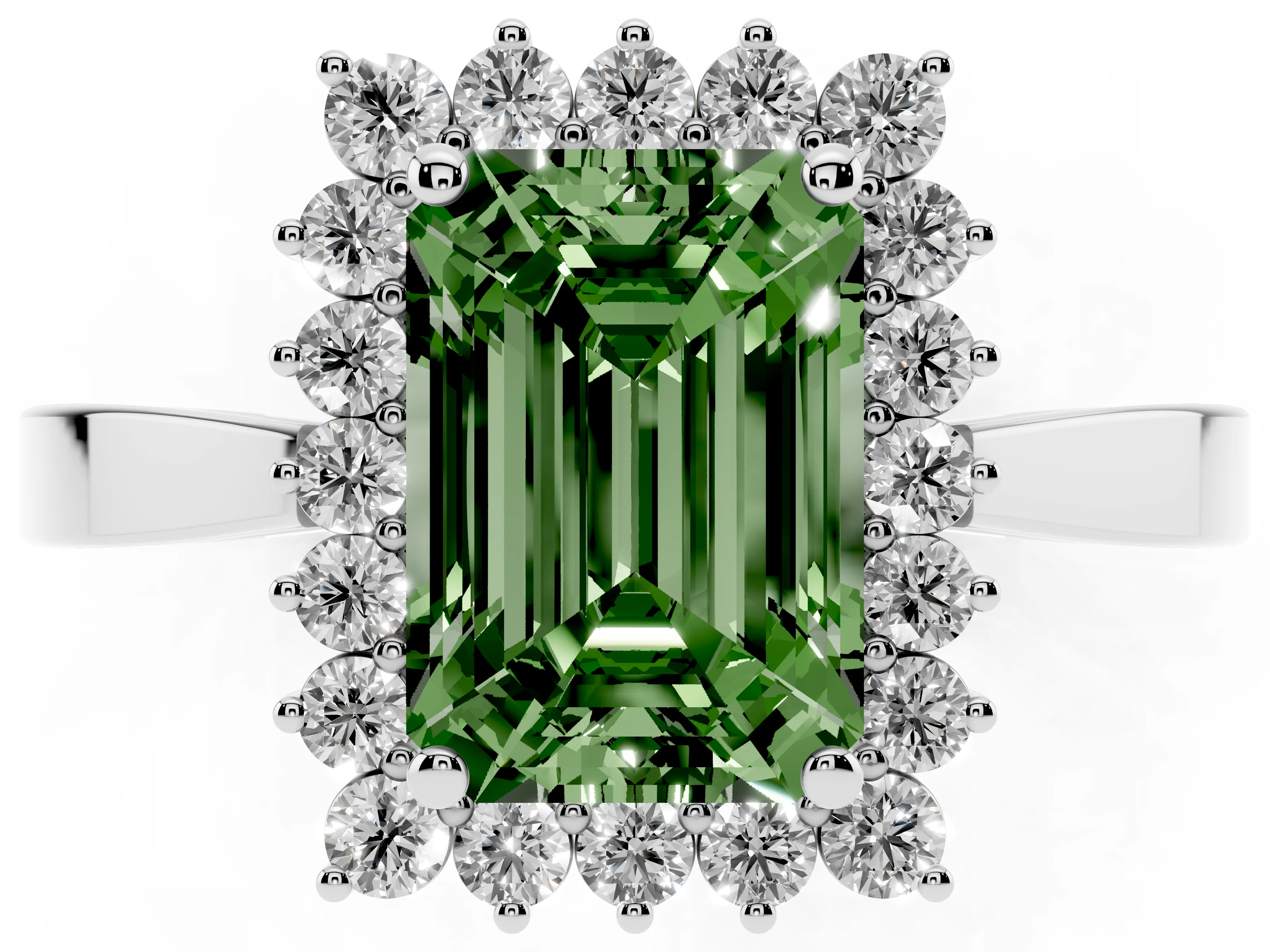 Fancy Green Emerald Cut Diamond Halo Ring Set in Platinum with Round Halo and Smooth Solitaire Band