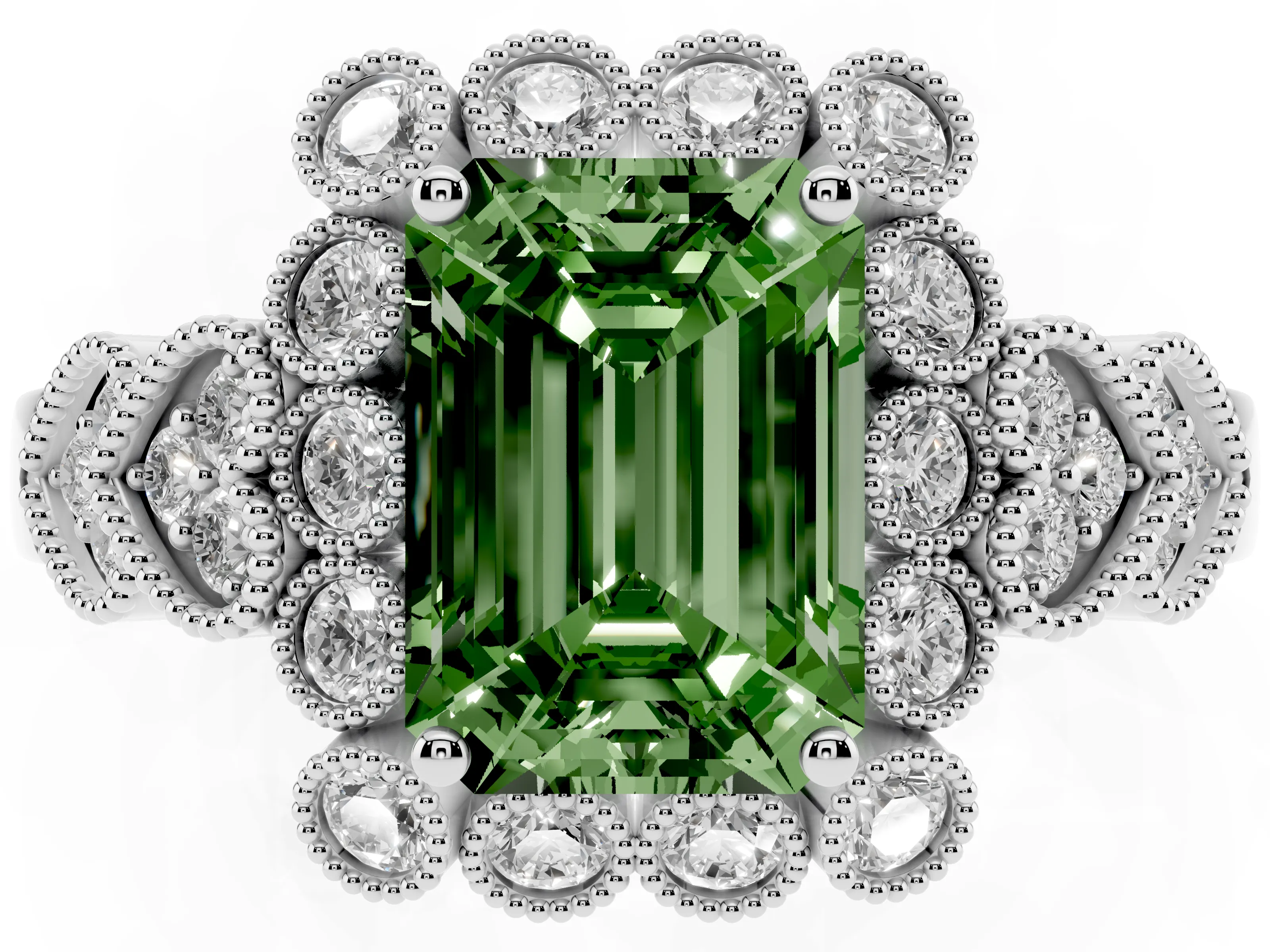 Fancy Green Emerald Cut Diamond Solitaire Ring Set in Silver with Milgrain Pavé Heart Band
