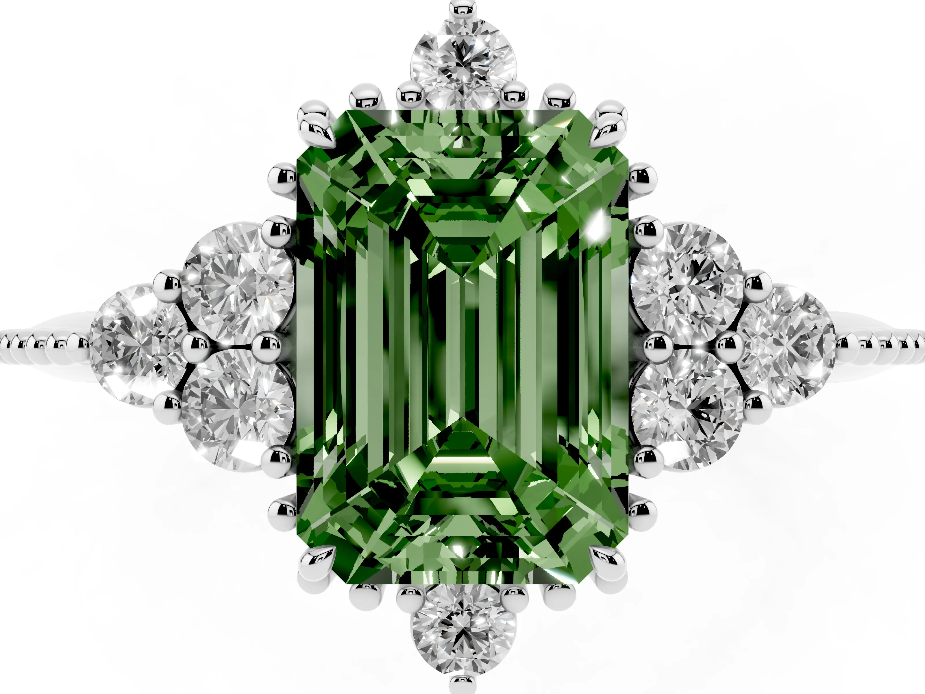 Fancy Green Emerald Cut Diamond Cluster Ring Set in Silver with Beaded Band