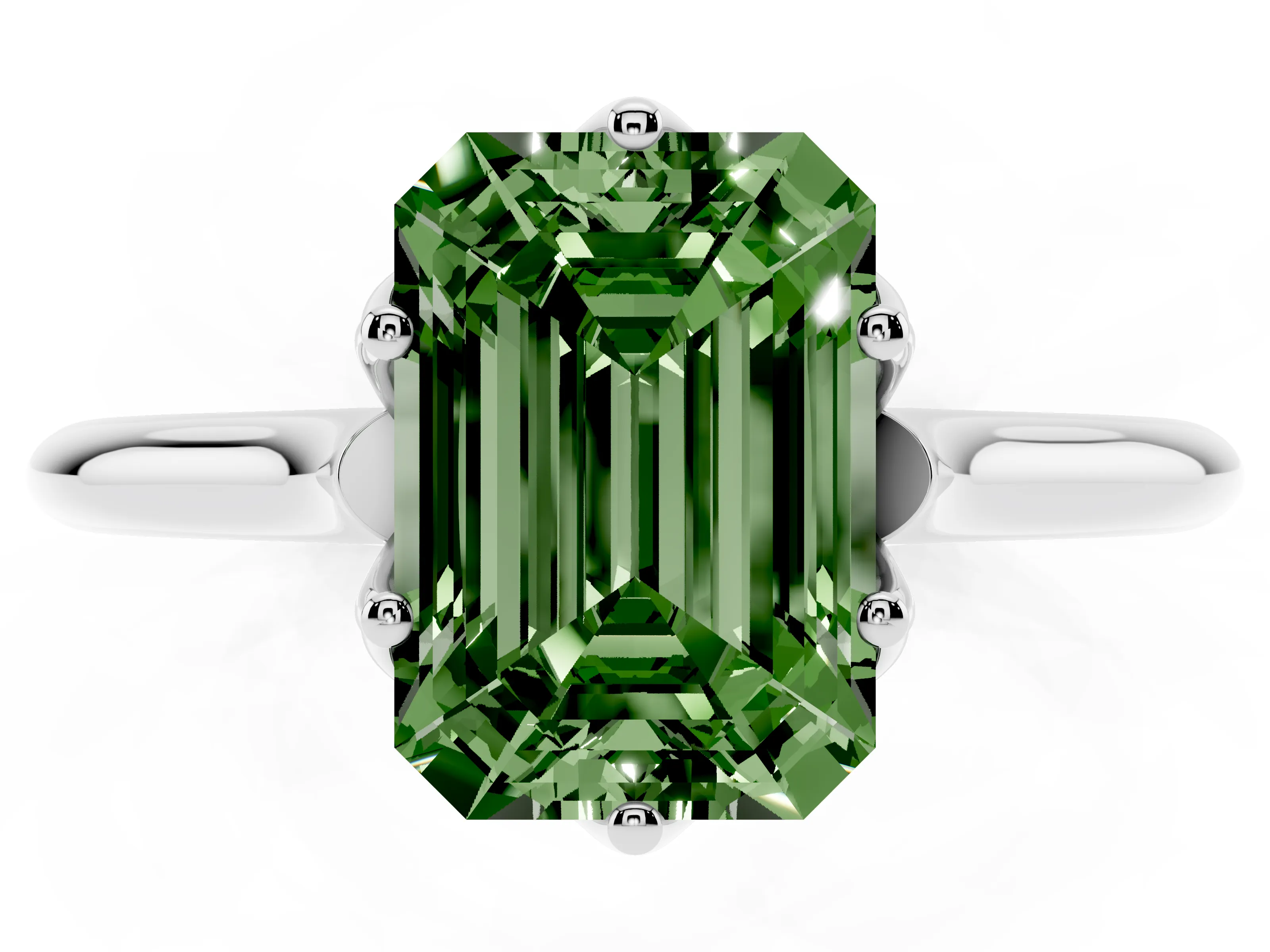 Fancy Green Emerald Cut Diamond Solitaire Cathedral Ring Set in Silver with Prong Setting