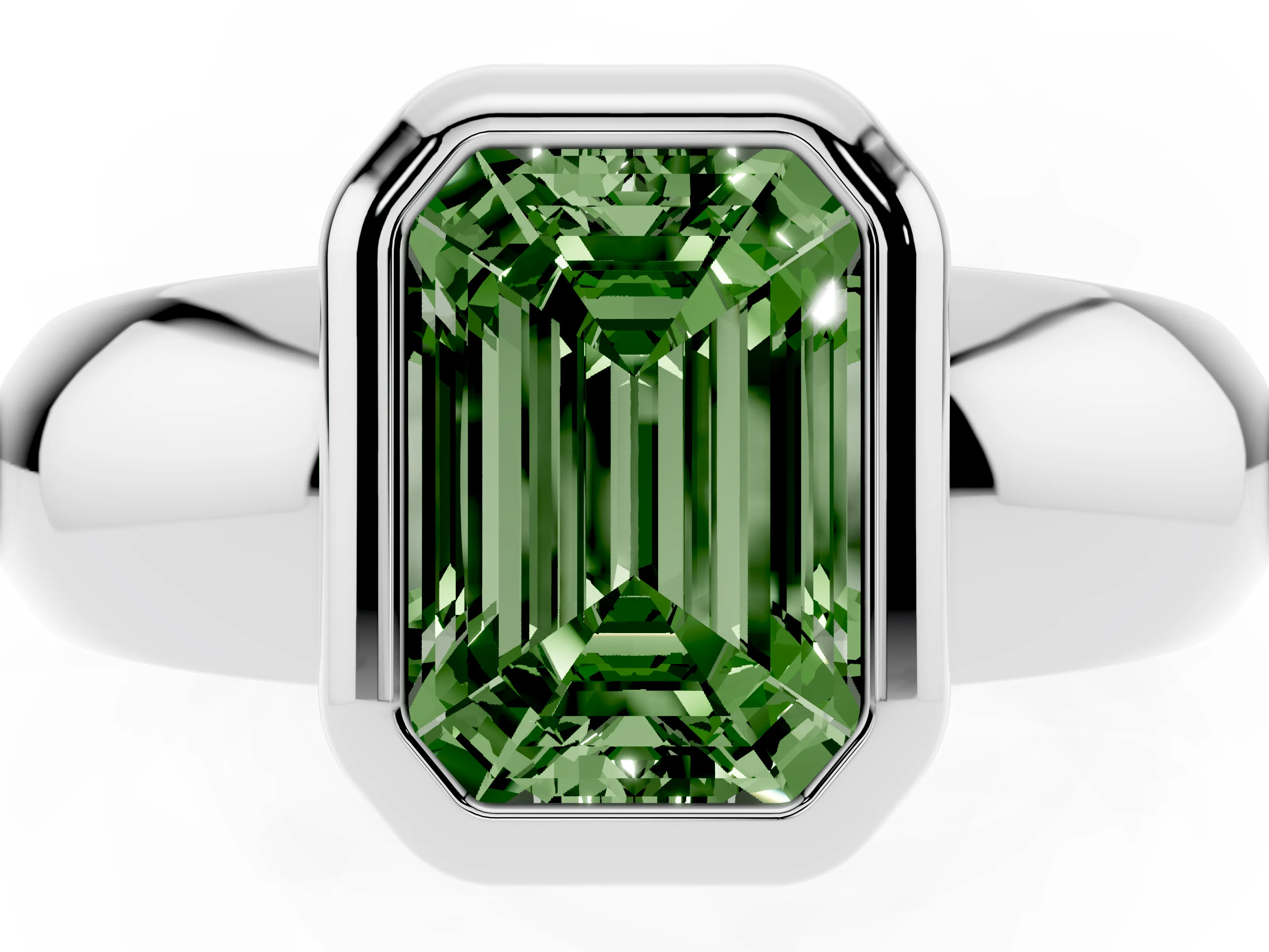 Fancy Green Bezel Set Emerald Cut Diamond Solitaire Ring Set in White gold with Wide Band