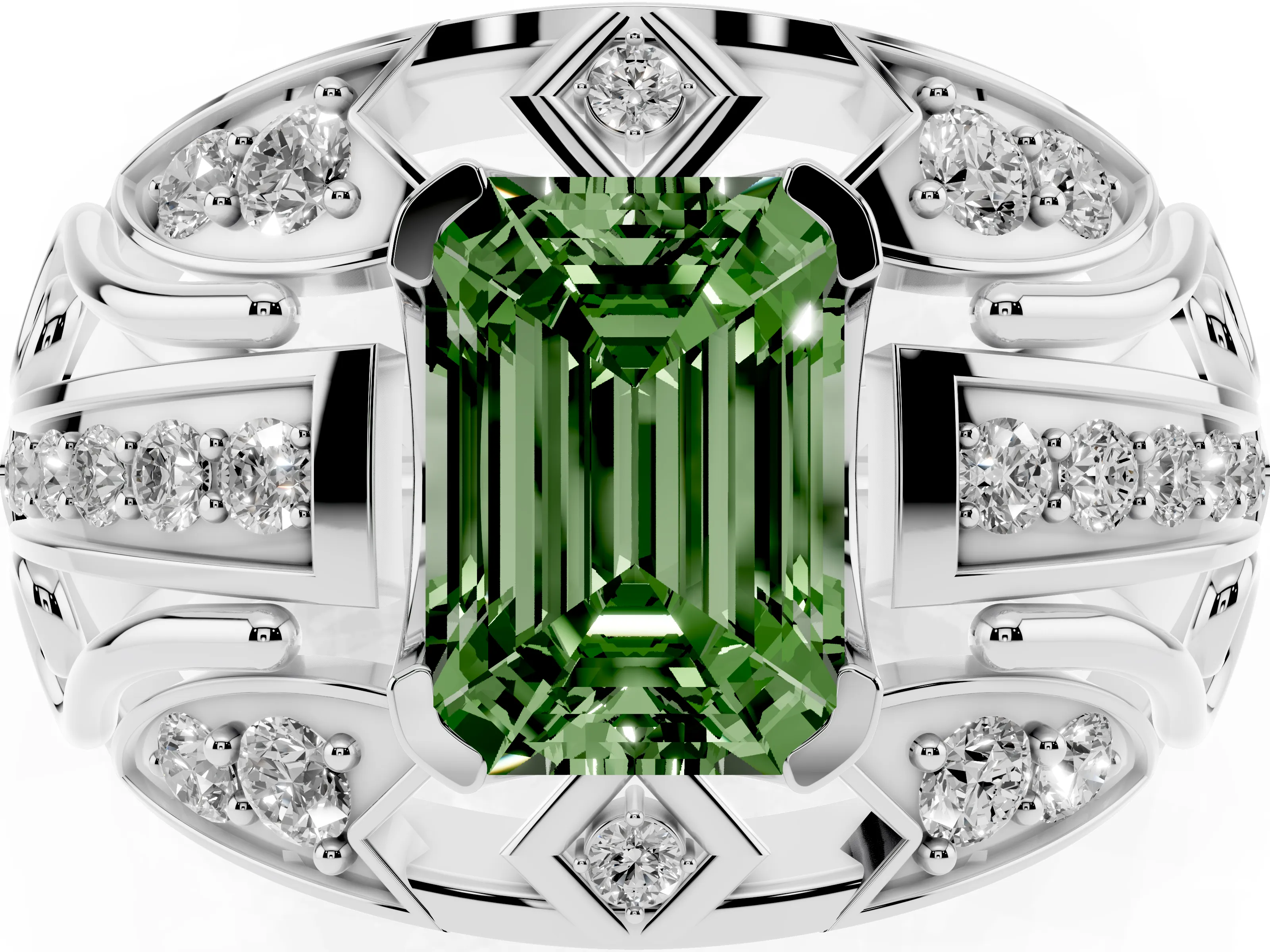 Fancy Green Emerald Cut Diamond Art Deco Ring Set in Platinum with Pavé Split Shank