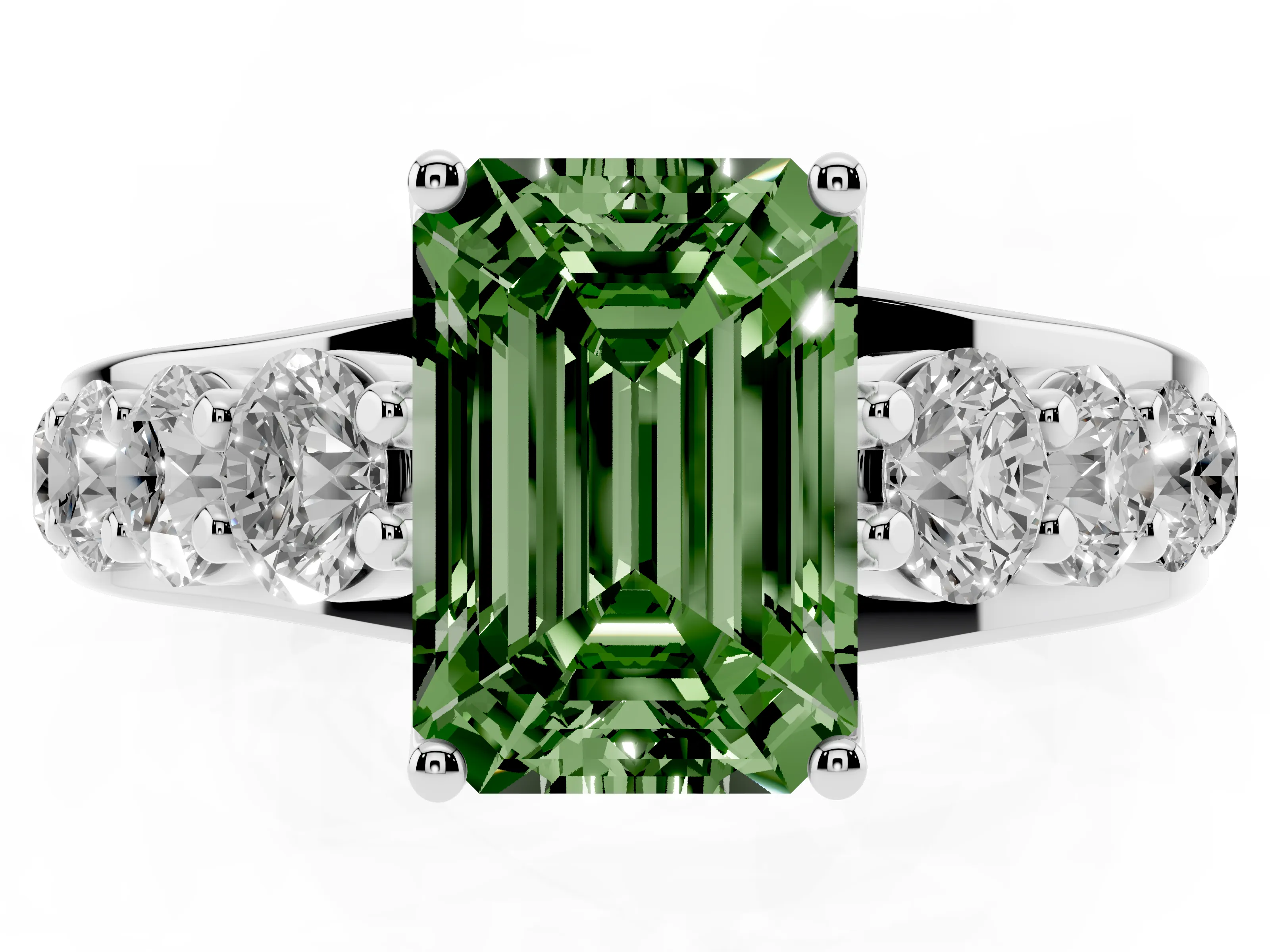 Fancy Green Emerald Cut Diamond Pavé Engagement Ring Set in White gold with Prong Setting