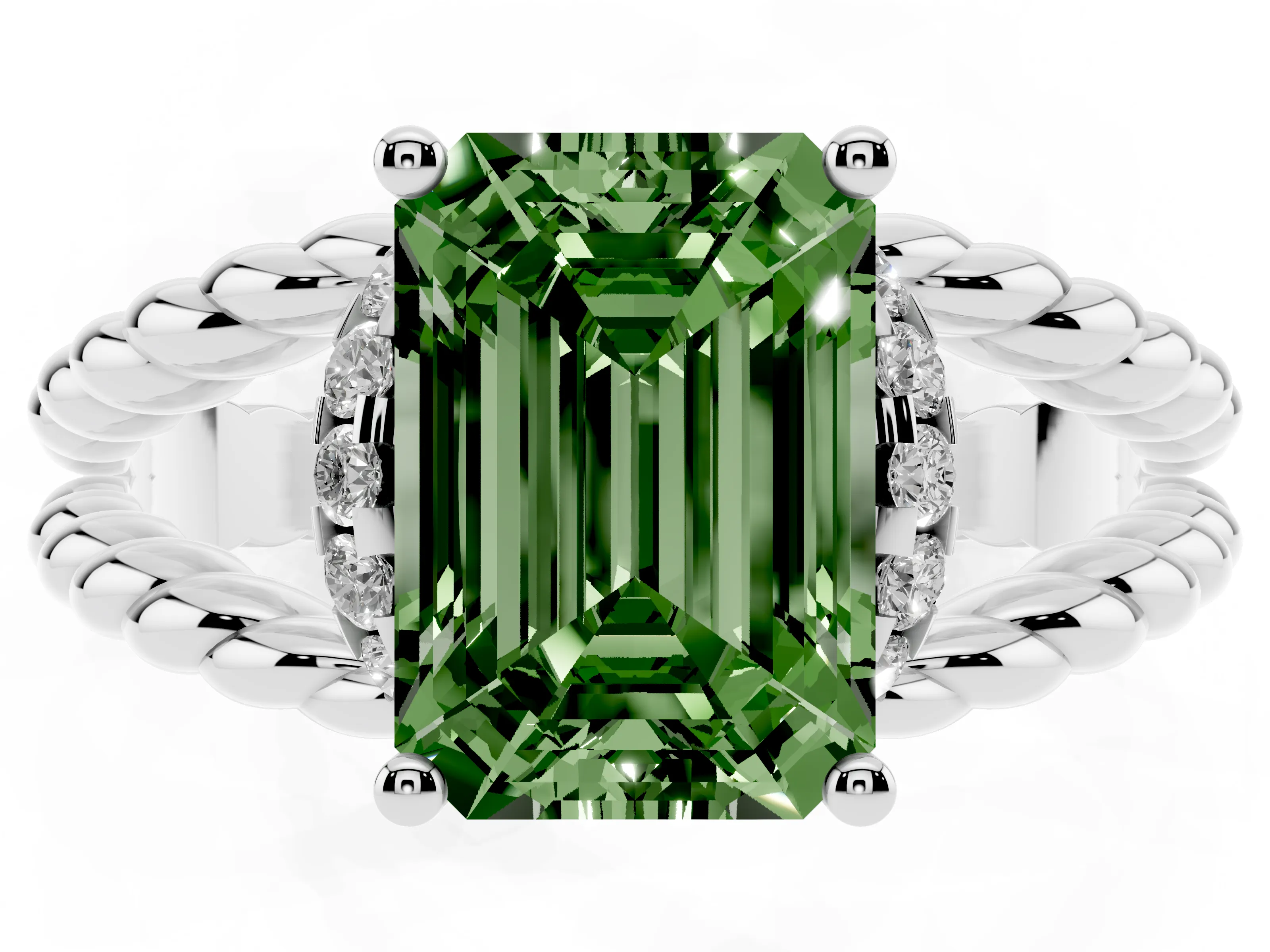Fancy Green Emerald Cut Diamond Halo Ring Set in White gold with Twisted Band and Prong Setting