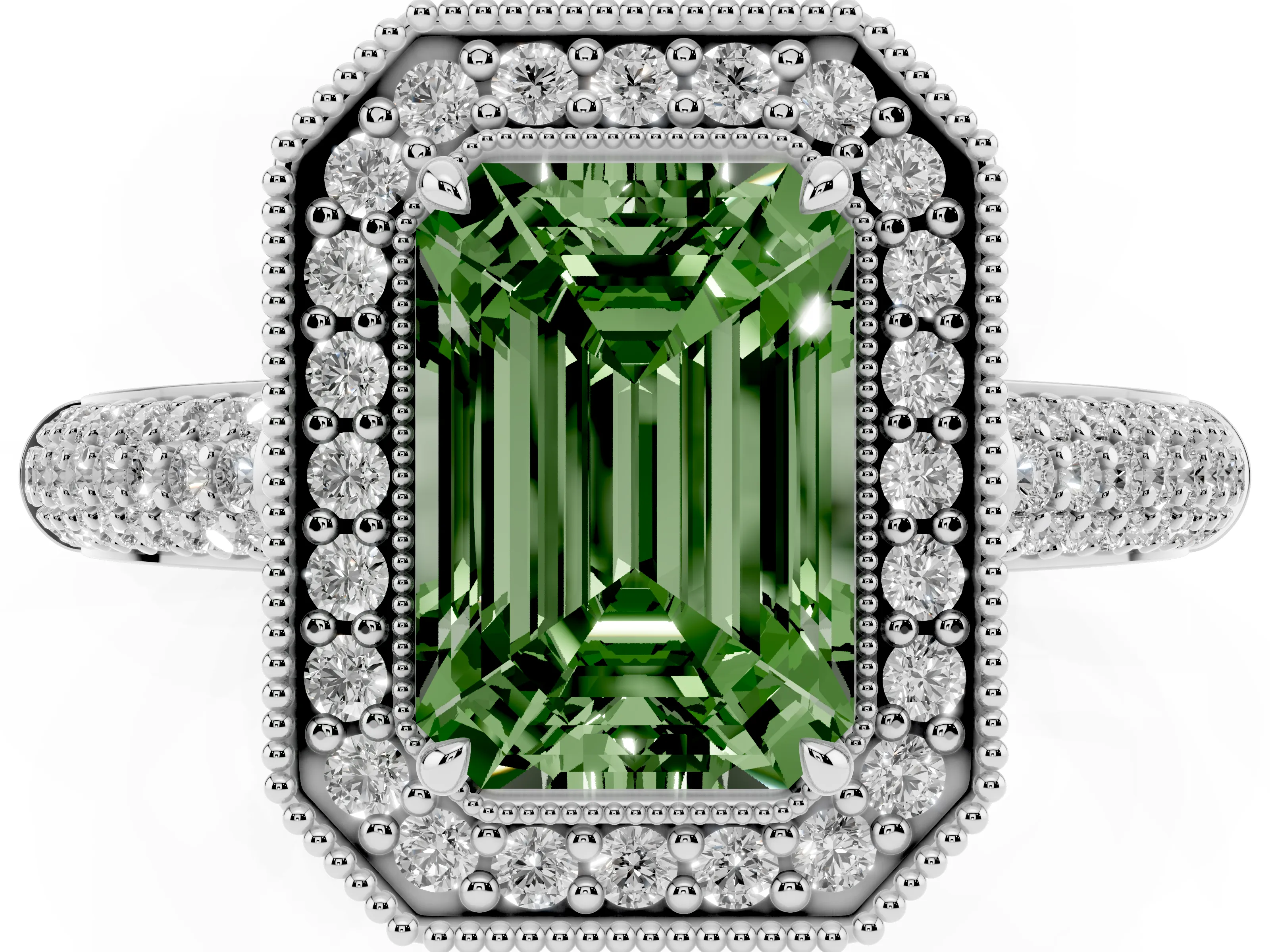 Fancy Green Emerald Cut Diamond Halo Pavé Band Set in Platinum with Prong Setting