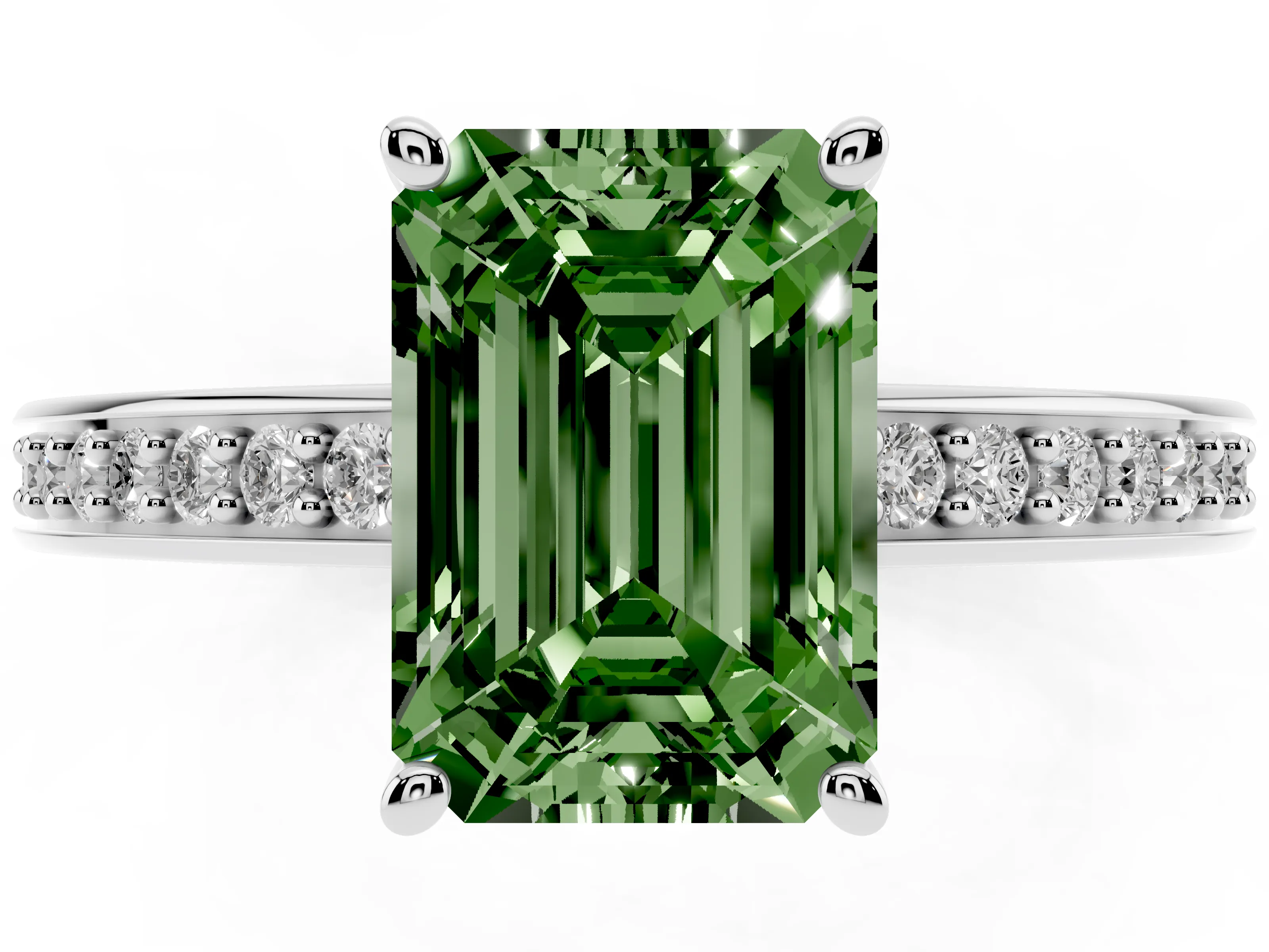 Fancy Green Emerald Cut Diamond Pavé Band Prong Set Solitaire Ring Set in White gold