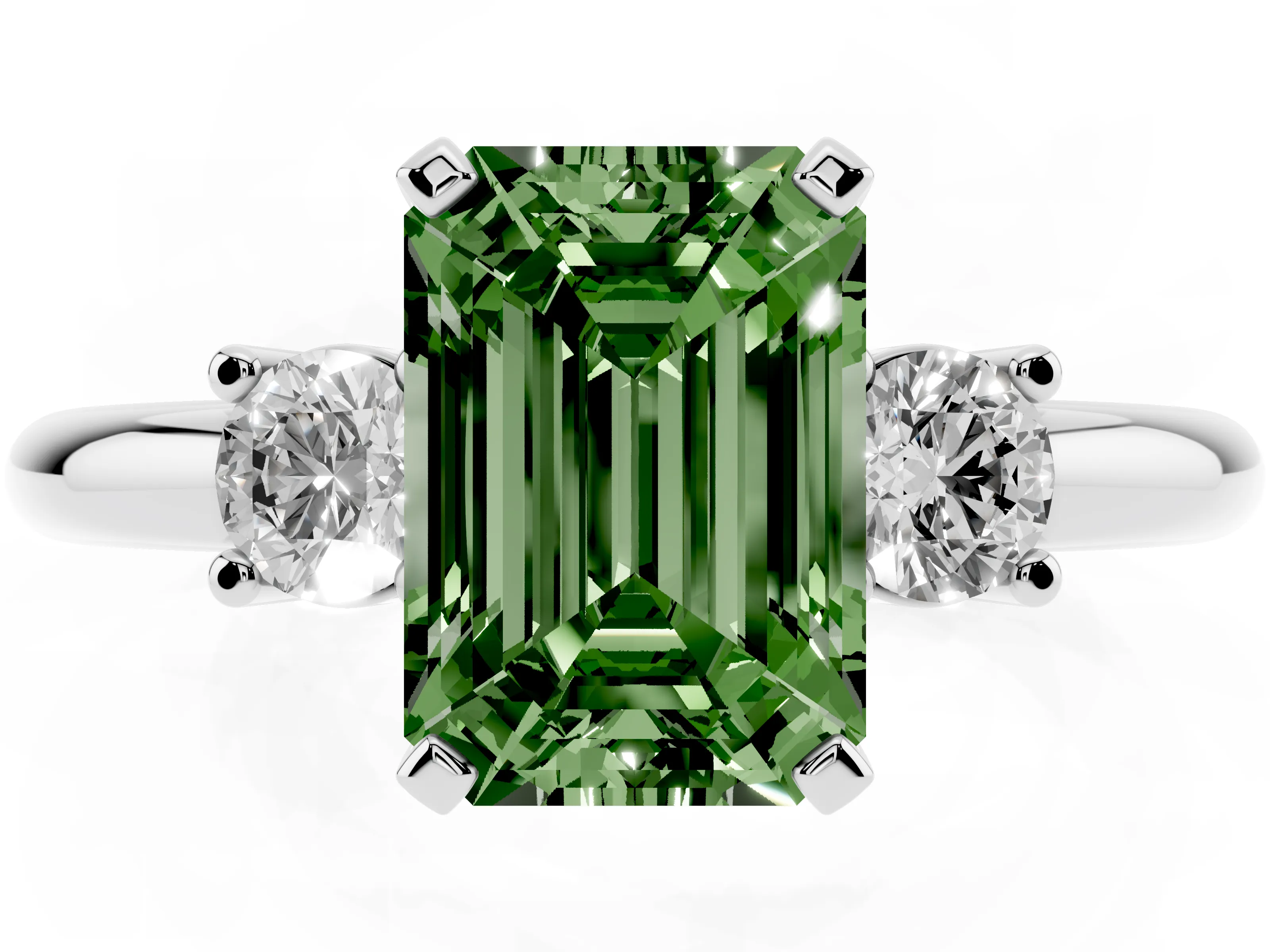 Fancy Green Three-Stone Emerald Cut Diamond Ring Set in Platinum with Prong Setting and Plain Band