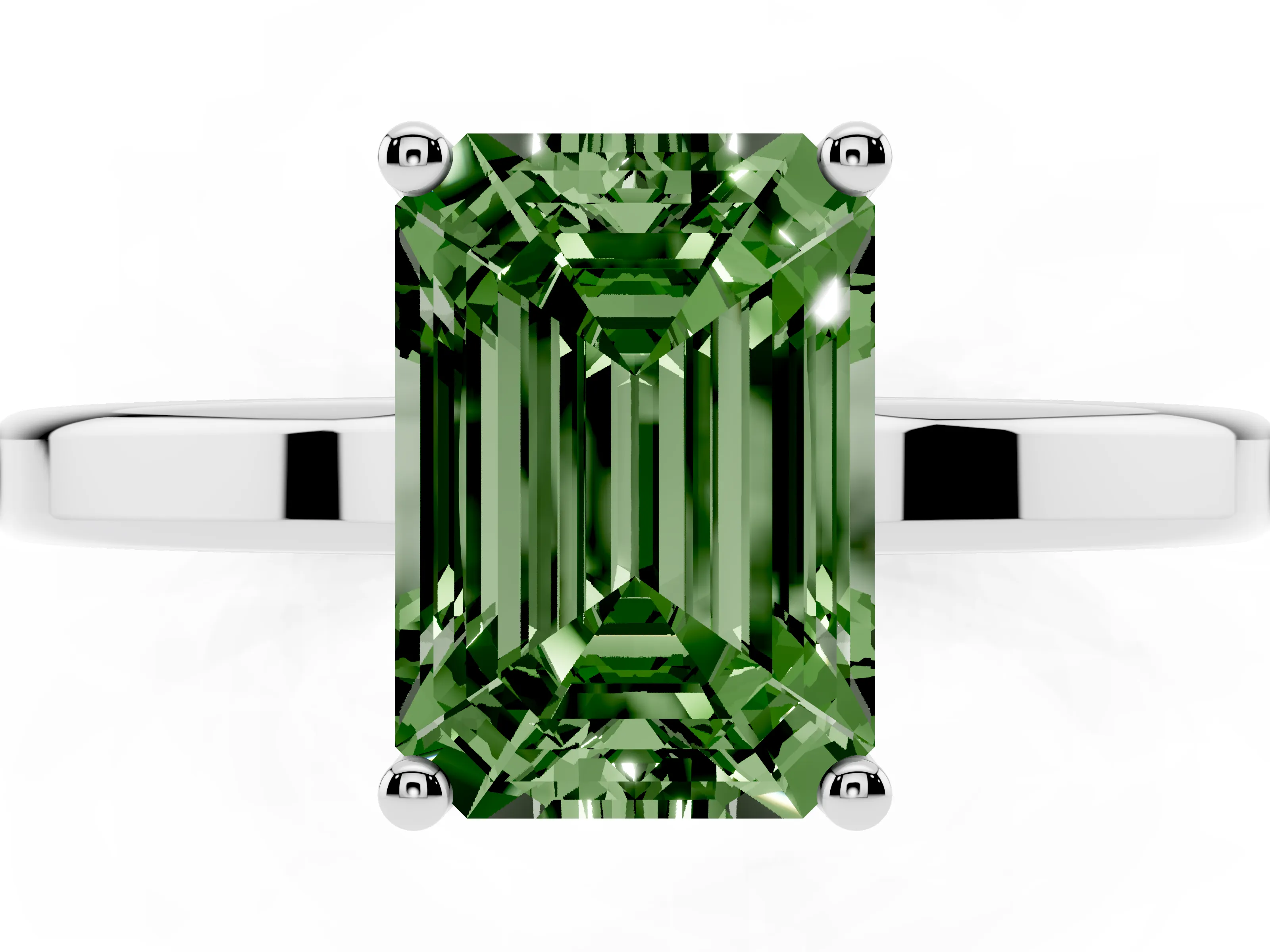 Fancy Green Emerald Cut Diamond Solitaire Engagement Ring Set in Platinum with Prong Setting on a Plain Band
