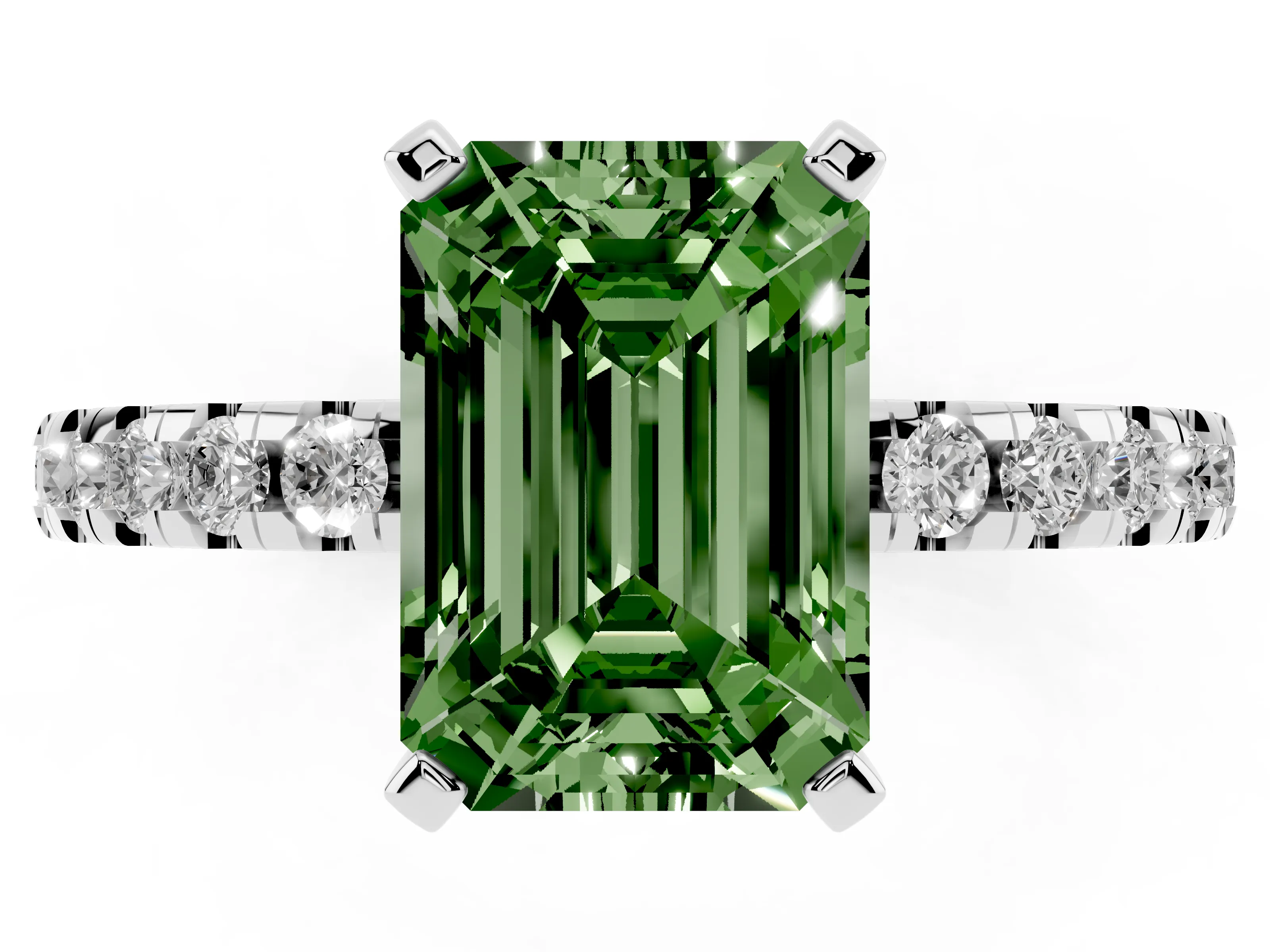 Fancy Green Emerald Cut Diamond Pavé Solitaire Ring Set in Platinum with Round Band Accents and Prong Setting