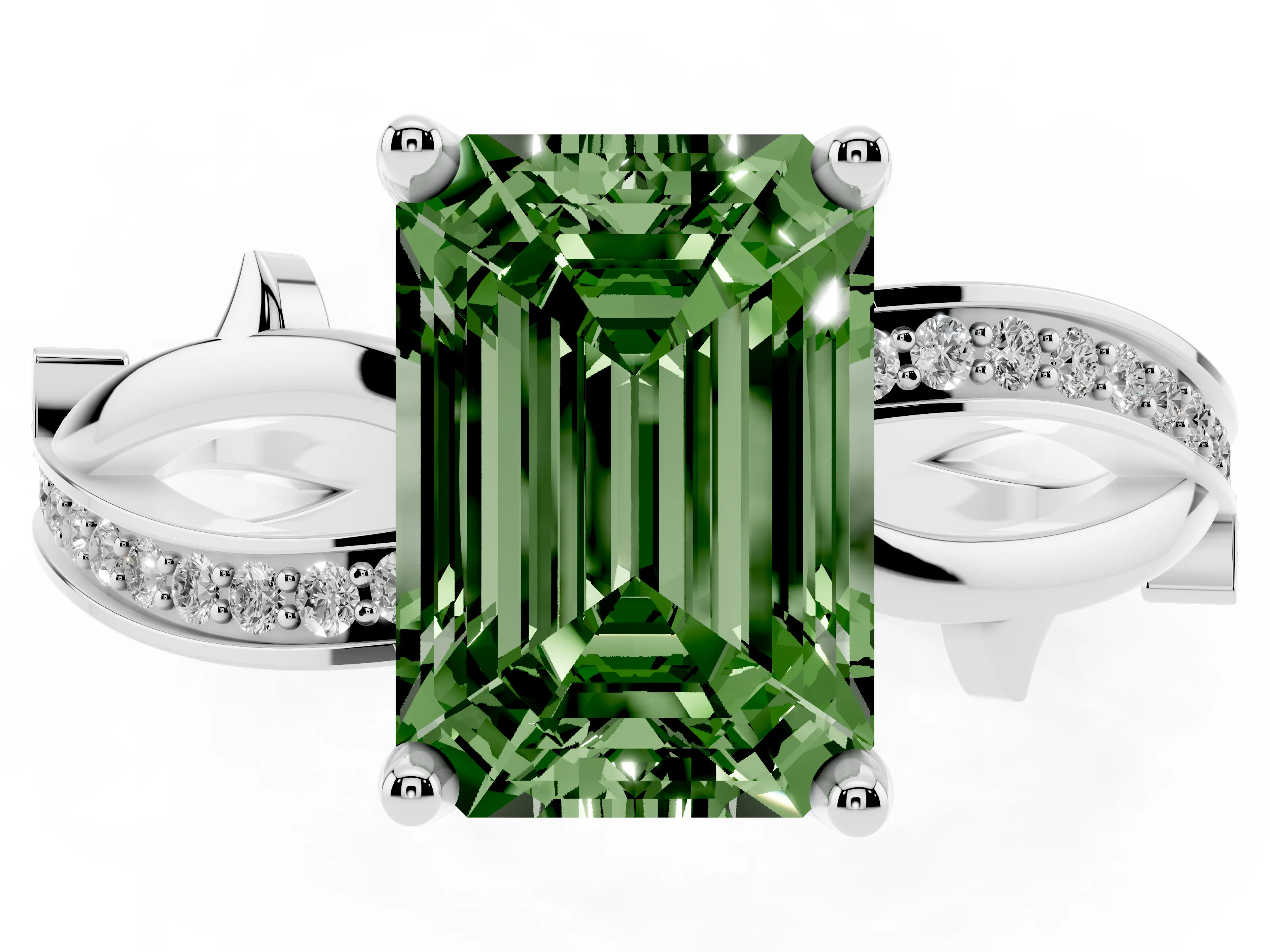 Fancy Green Emerald Cut Diamond Pavé Twist Band Solitaire Ring Set in Platinum with Prong Setting