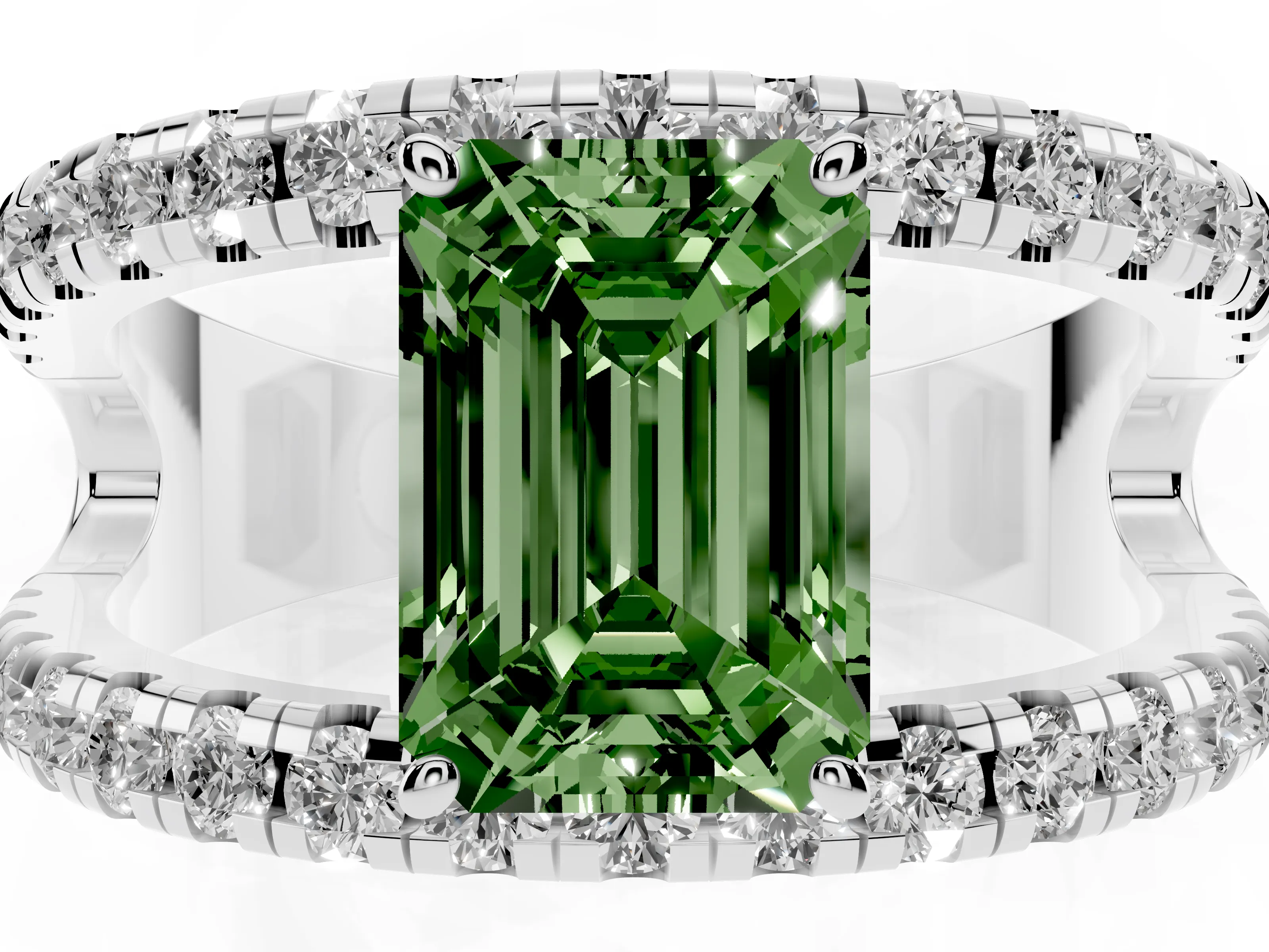 Fancy Green Emerald Cut Diamond Split Shank Pavé Solitaire Ring Set in Silver with Open Shank Design