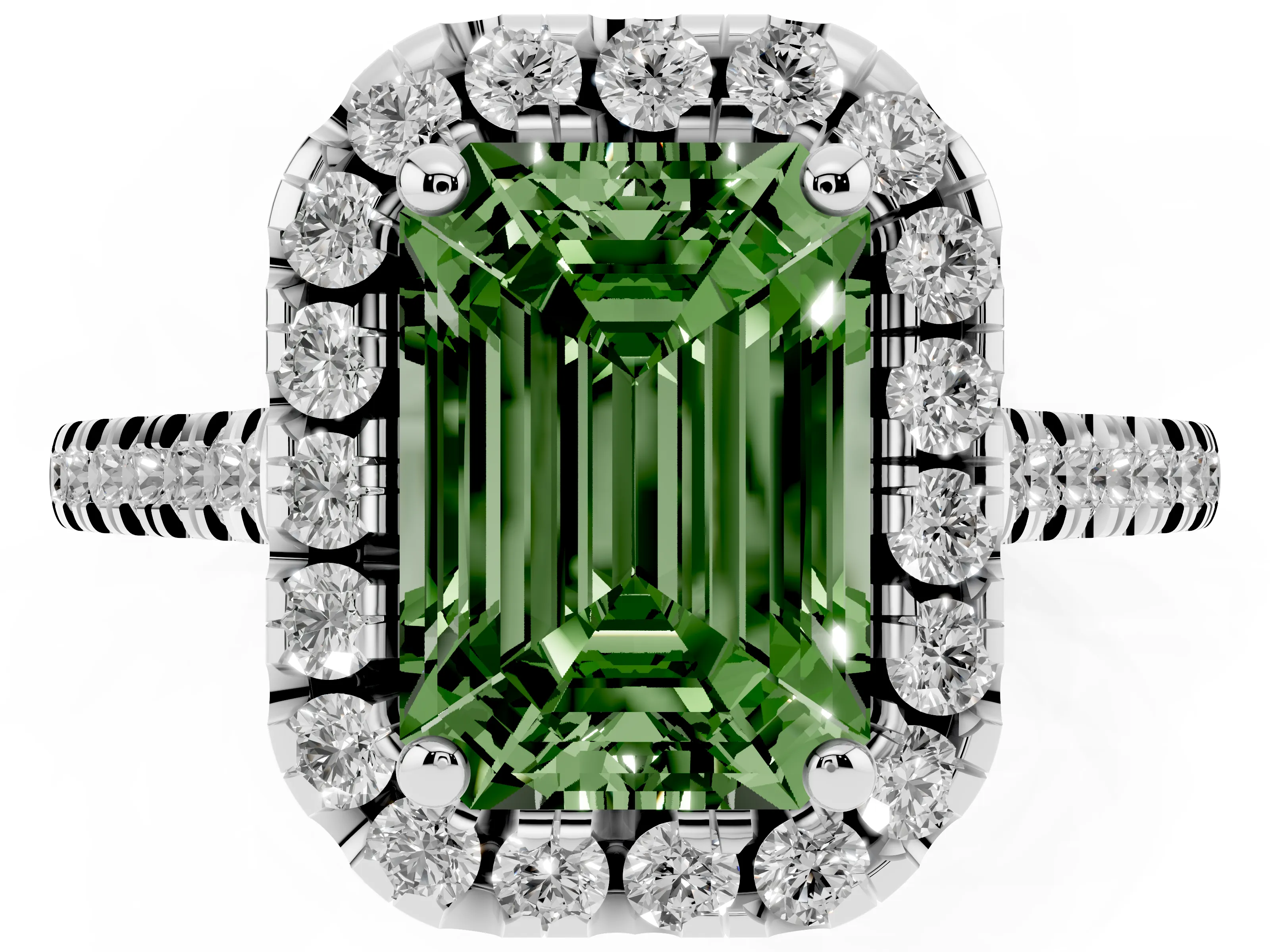 Fancy Green Emerald Cut Diamond Cushion Halo Ring Set in White gold with Pavé Band