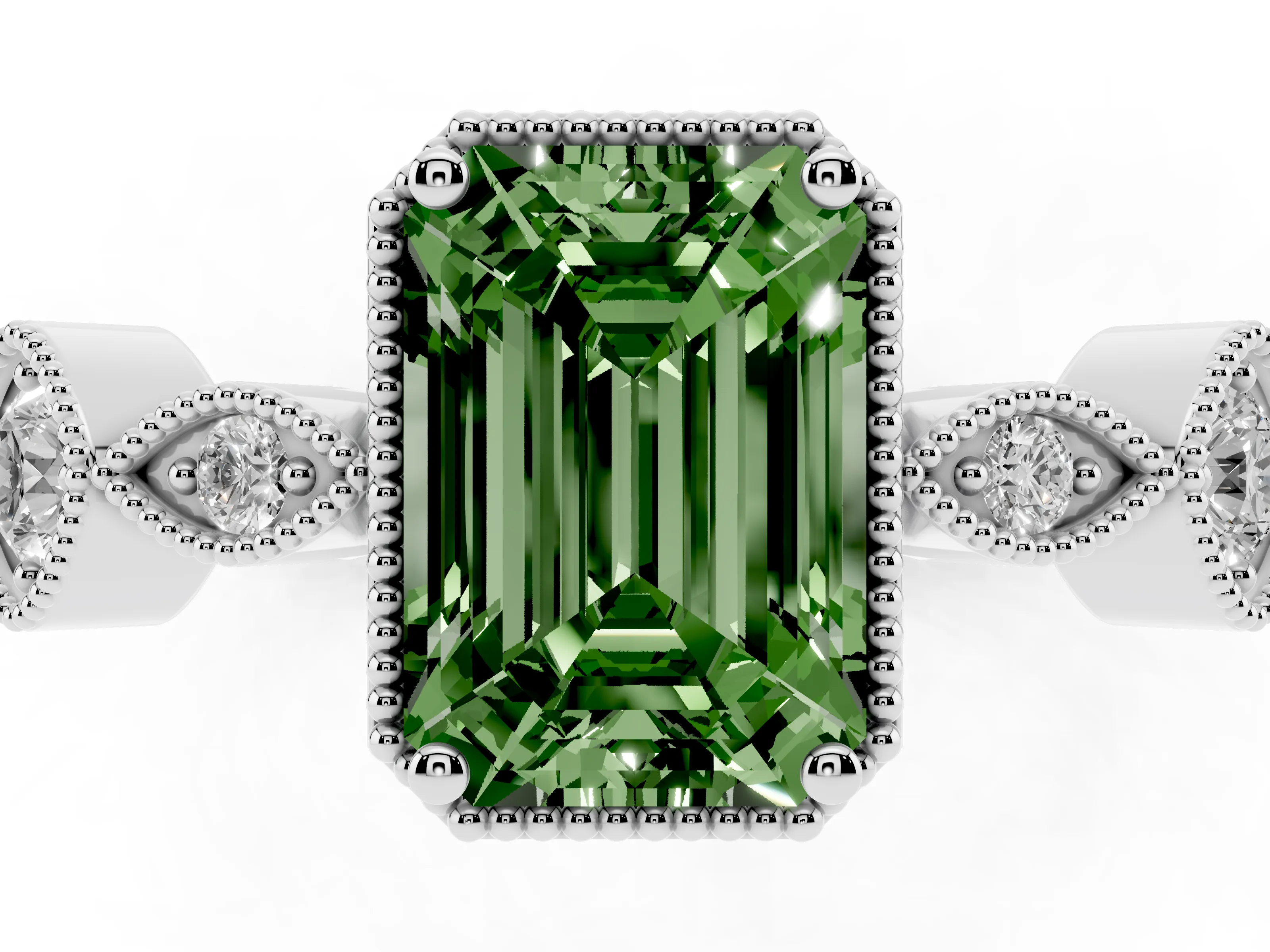 Fancy Green Emerald Cut Diamond Vintage-Inspired Milgrain Ring Set in White gold with Marquise Stations of Round Accents