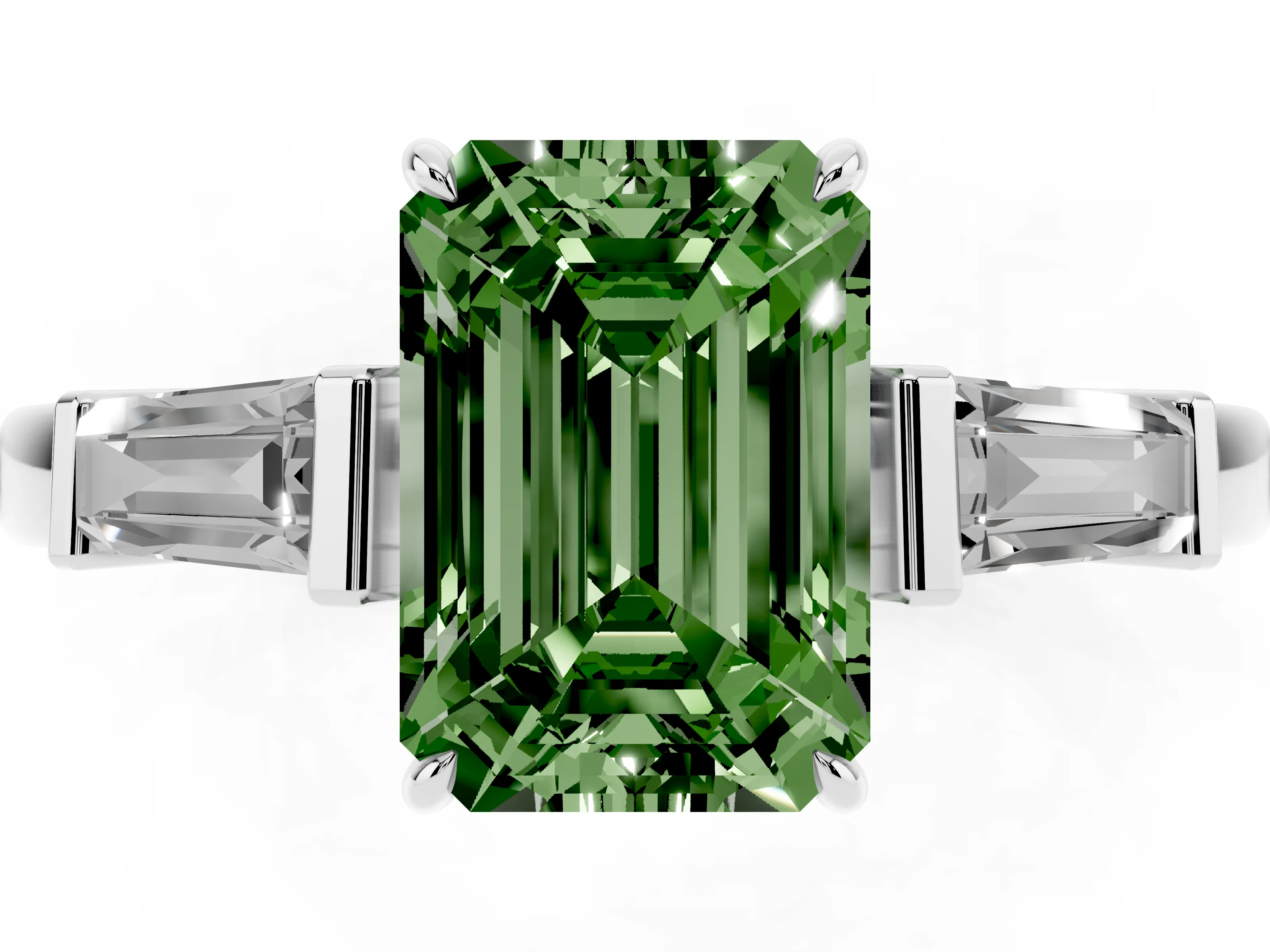 Fancy Green Emerald Cut Diamond Three-Stone Ring Set in Platinum with Tapered Baguette Side Stones and Prong Setting