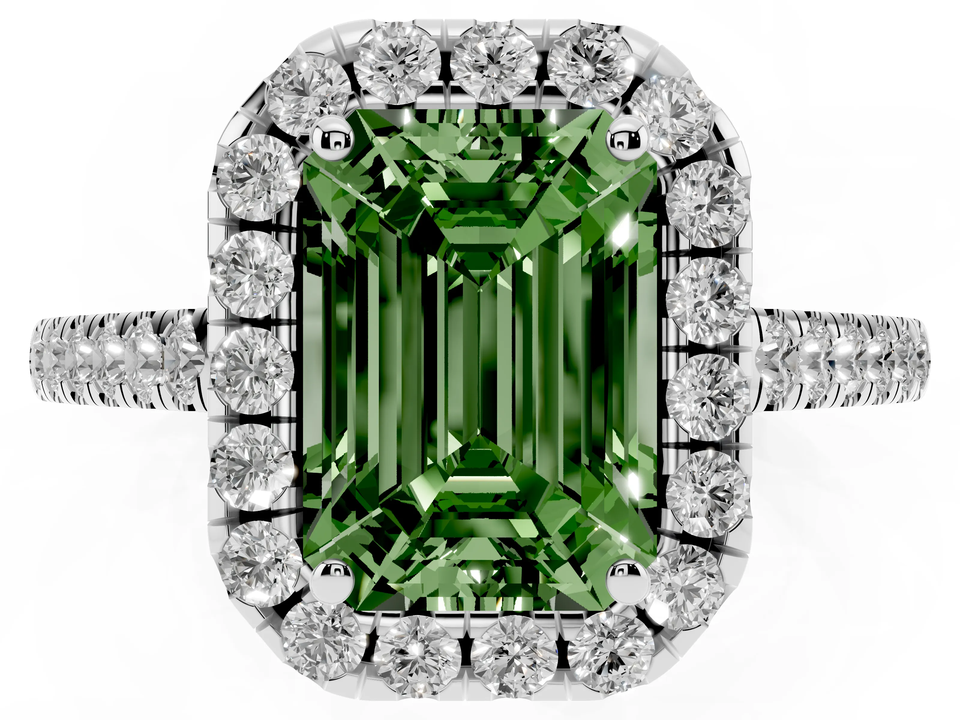Fancy Green Emerald Cut Diamond Halo Pavé Engagement Ring Set in White gold with Prong Setting