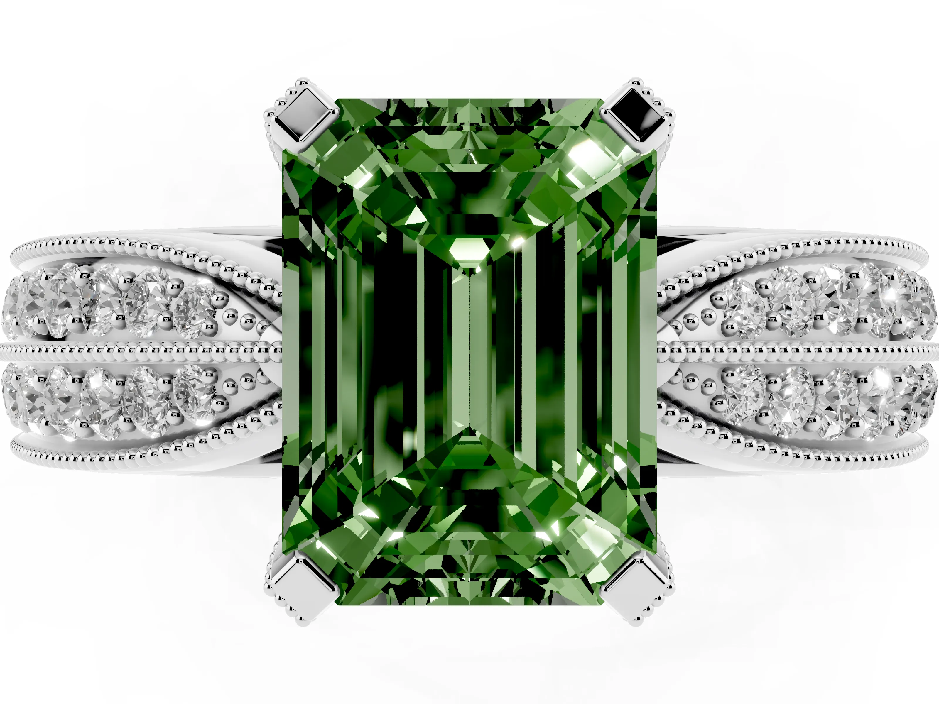 Fancy Green Emerald Cut Diamond Solitaire Ring Set in Platinum with Milgrain Double Row Round Pavé Band