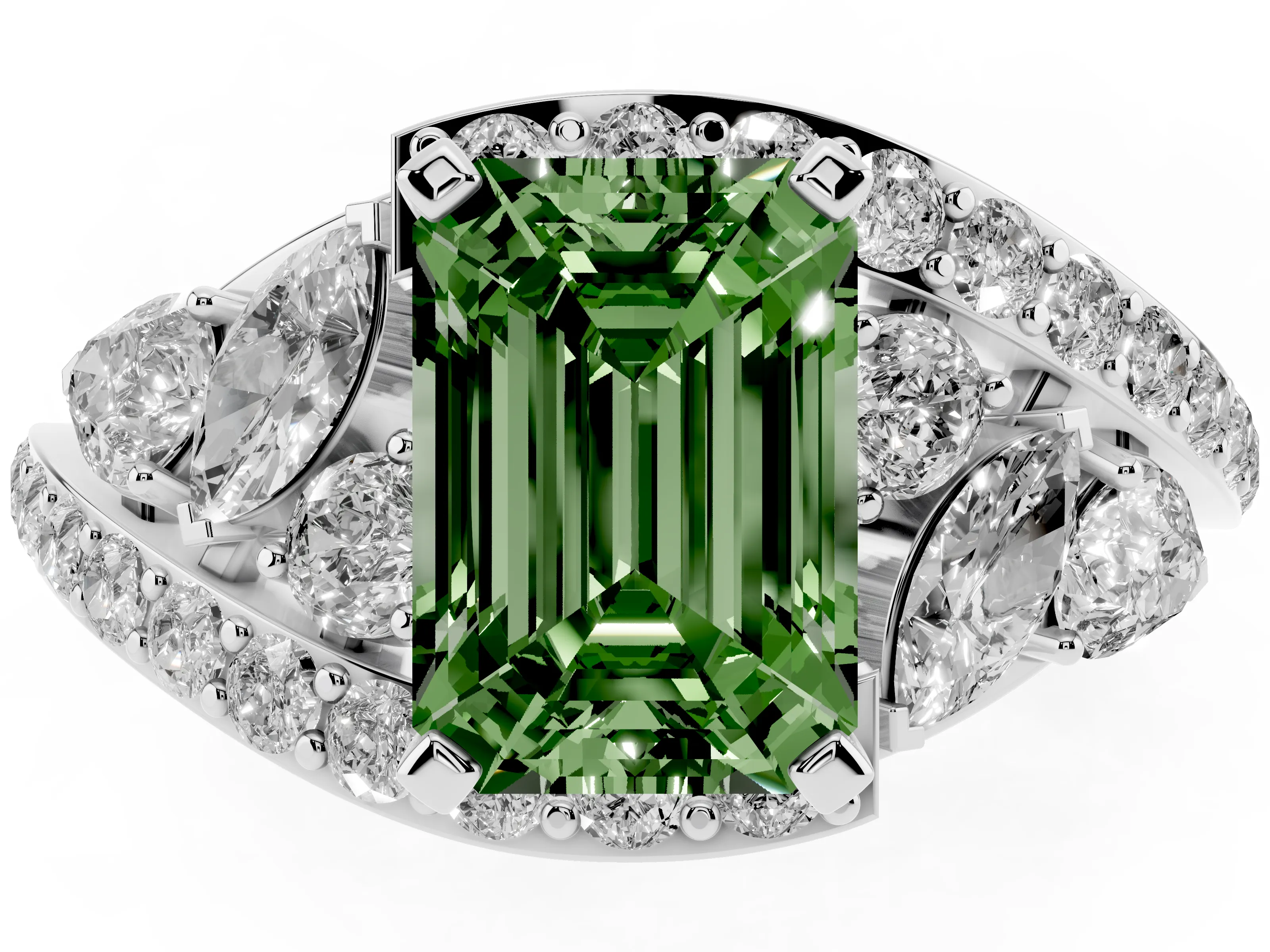 Fancy Green Emerald Cut Diamond Halo Ring Set in Platinum with Marquise and Pavé Band in Prong Setting