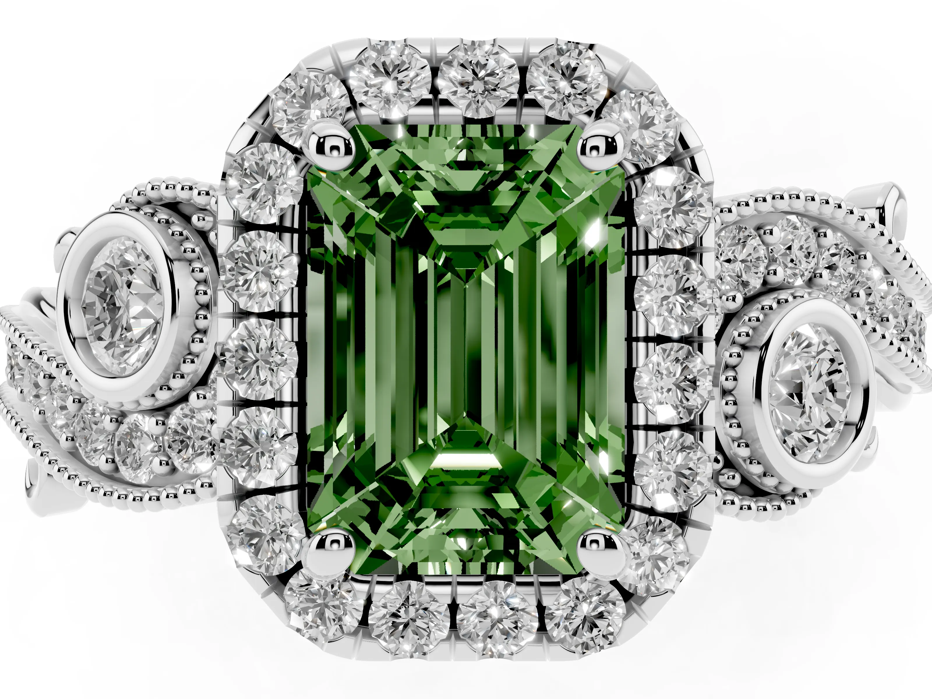Fancy Green Emerald Cut Diamond Halo Ring Set in Silver with Milgrain Pavé Band and Prong Setting