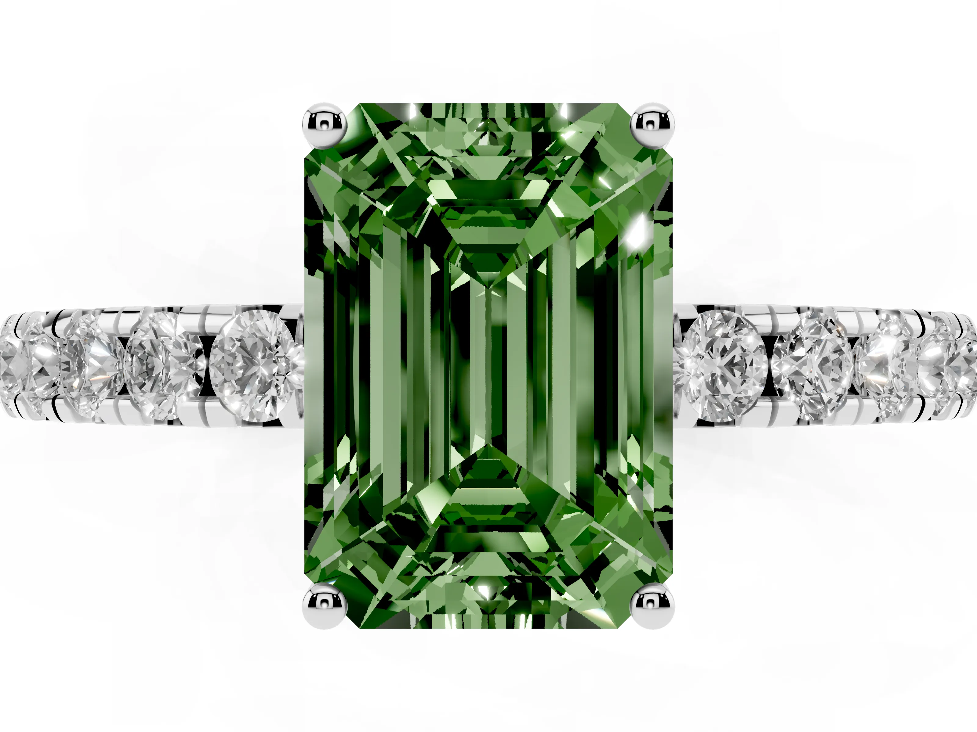 Fancy Green Emerald Cut Diamond Pavé Solitaire Engagement Ring Set in Platinum with Prong Setting