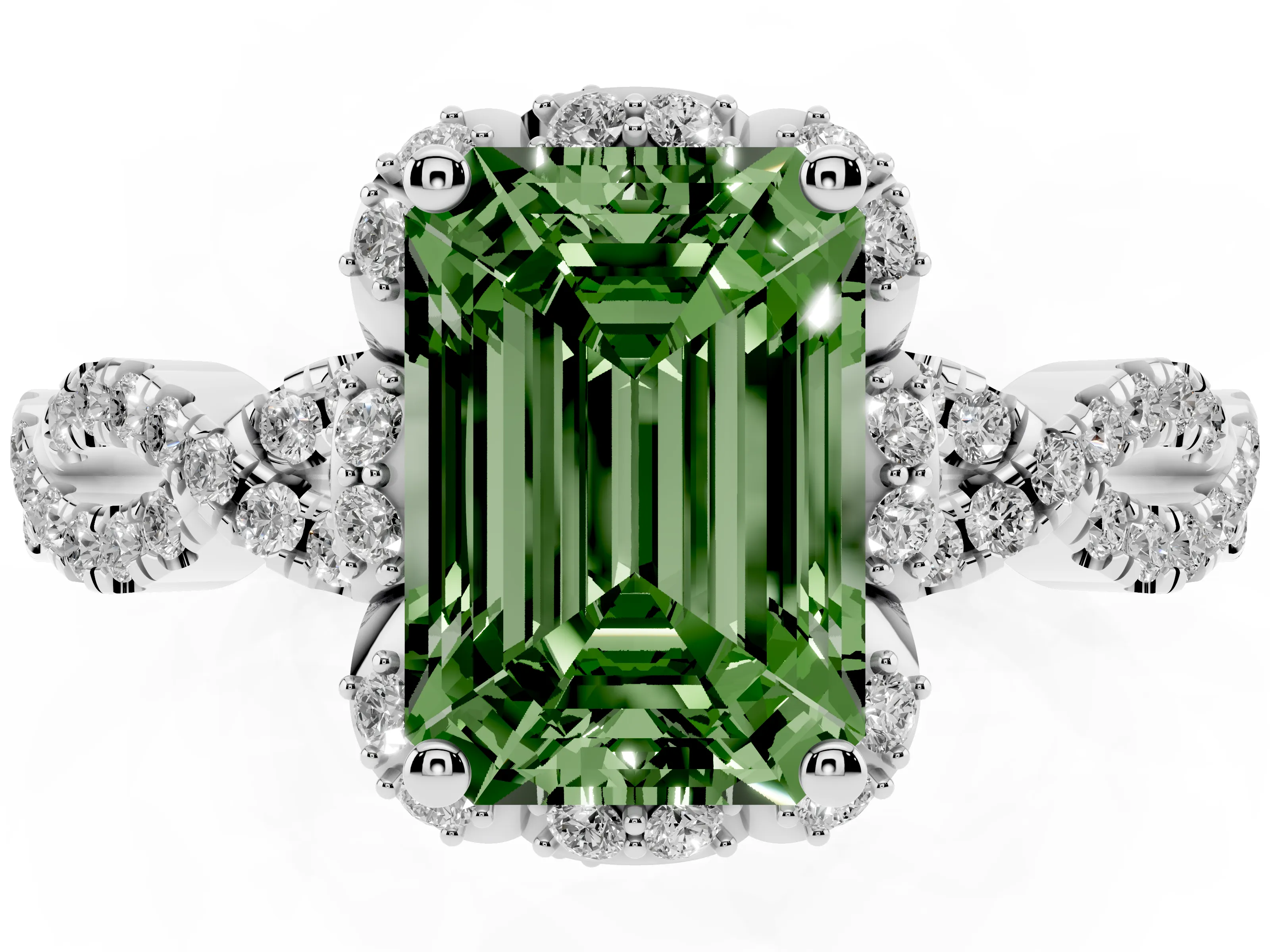 Fancy Green Emerald Cut Diamond Halo Twist Band Solitaire Ring Set in White gold with Prong-Set Center Stone
