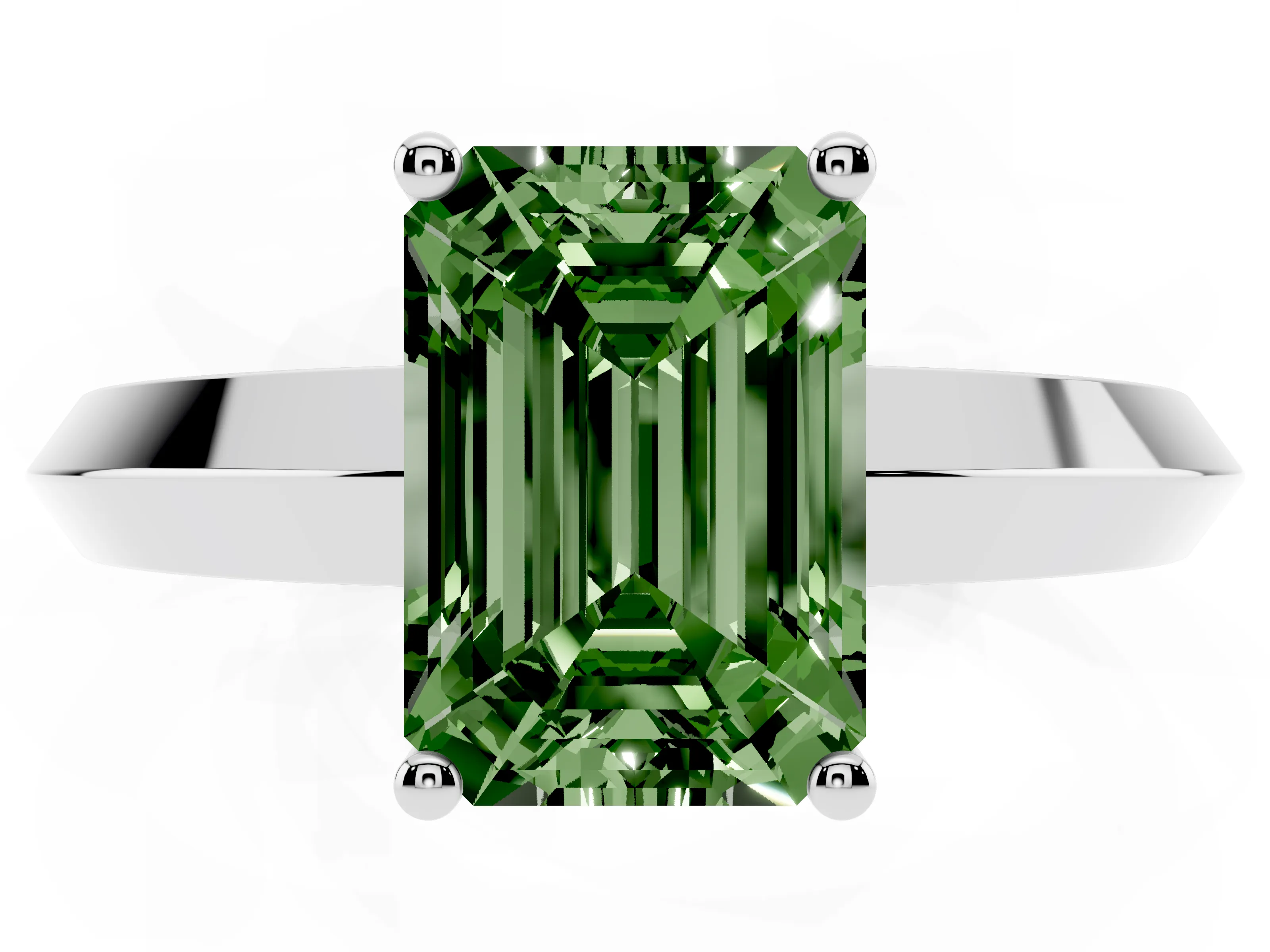 Fancy Green Emerald Cut Diamond Solitaire Engagement Ring Set in White gold with Flat Band and Prong Setting