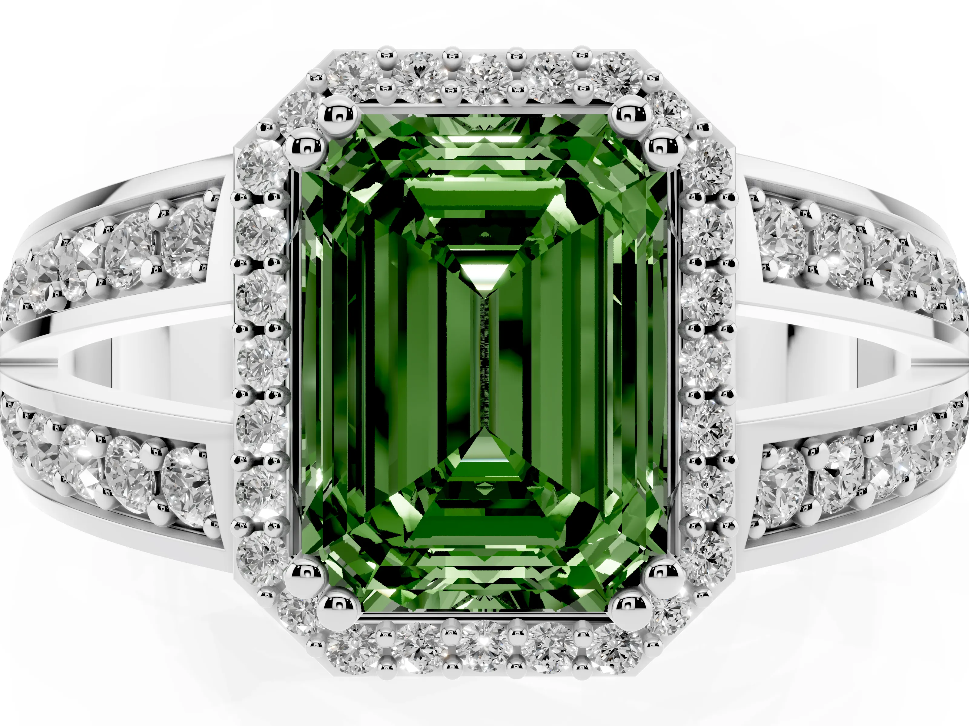 Fancy Green Emerald Cut Diamond Halo Ring Set in Platinum with Double Pavé Split Shank