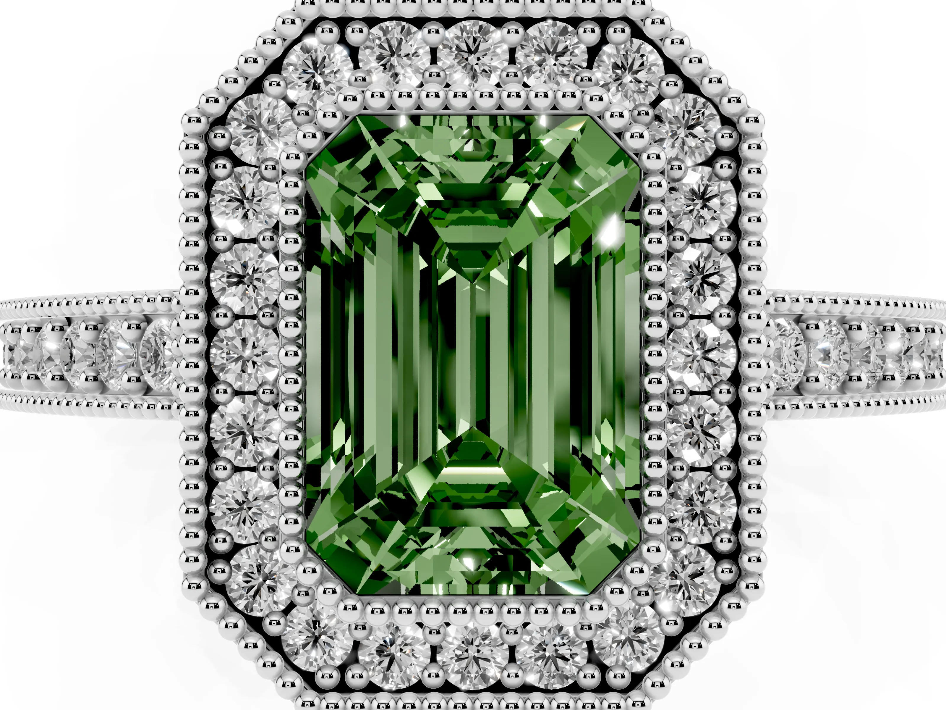 Fancy Green Emerald Cut Diamond Halo Engagement Ring Set in White gold with Pavé Band and Round Halo Stones