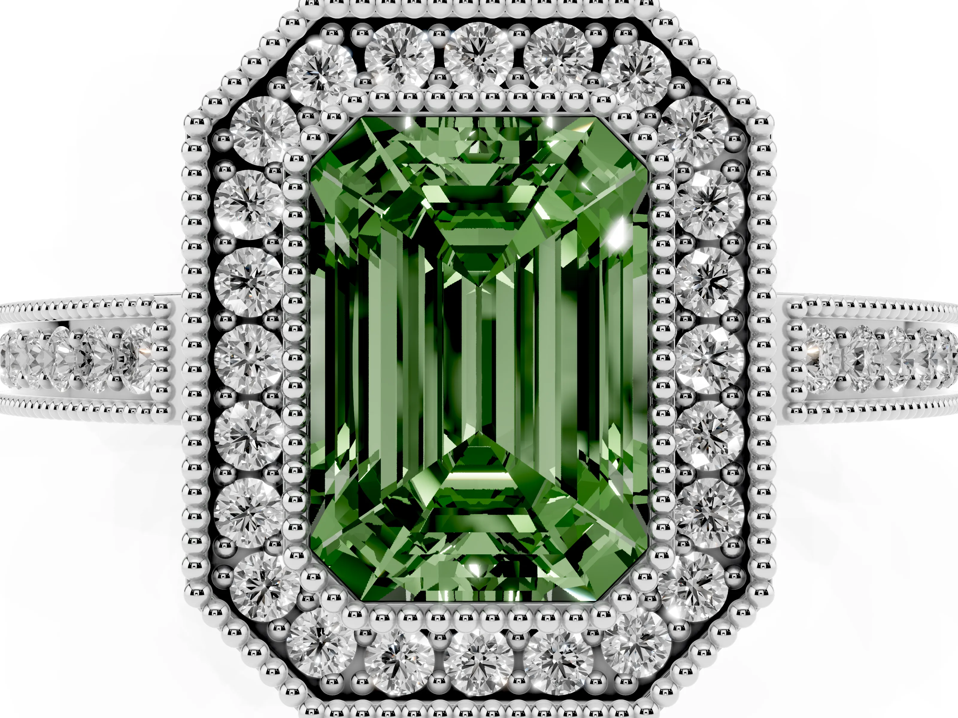 Fancy Green Emerald Cut Diamond Halo Ring Set in White gold with Pavé Band and Milgrain-Edged Prongs