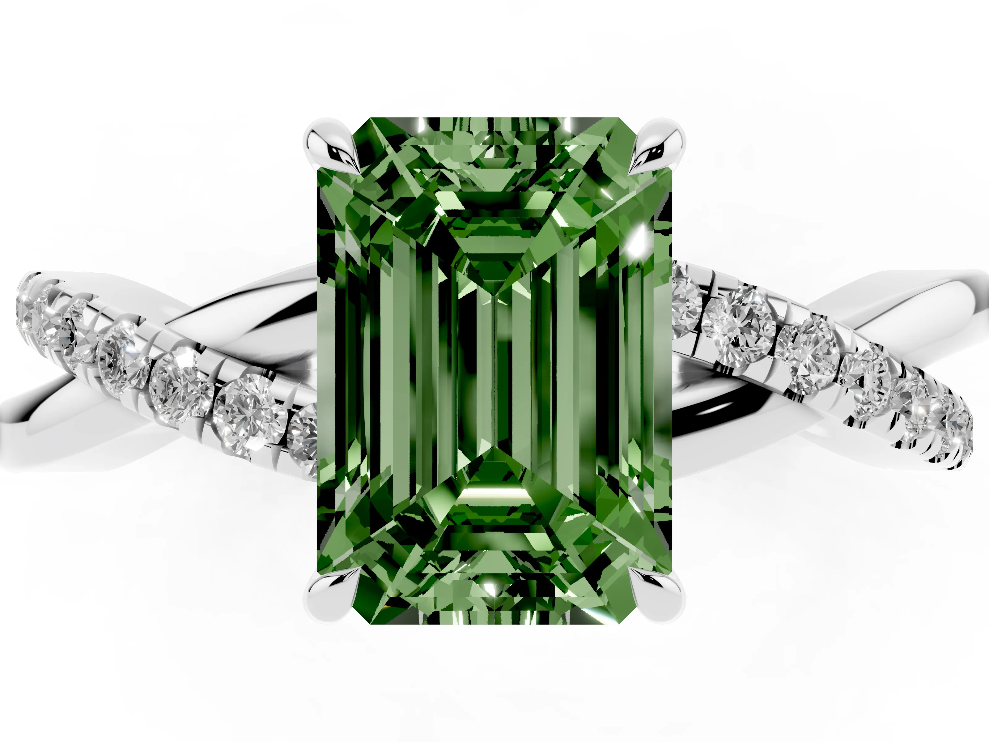 Fancy Green Emerald Cut Diamond Twisted Pavé Band Ring Set in Silver with Prong Setting