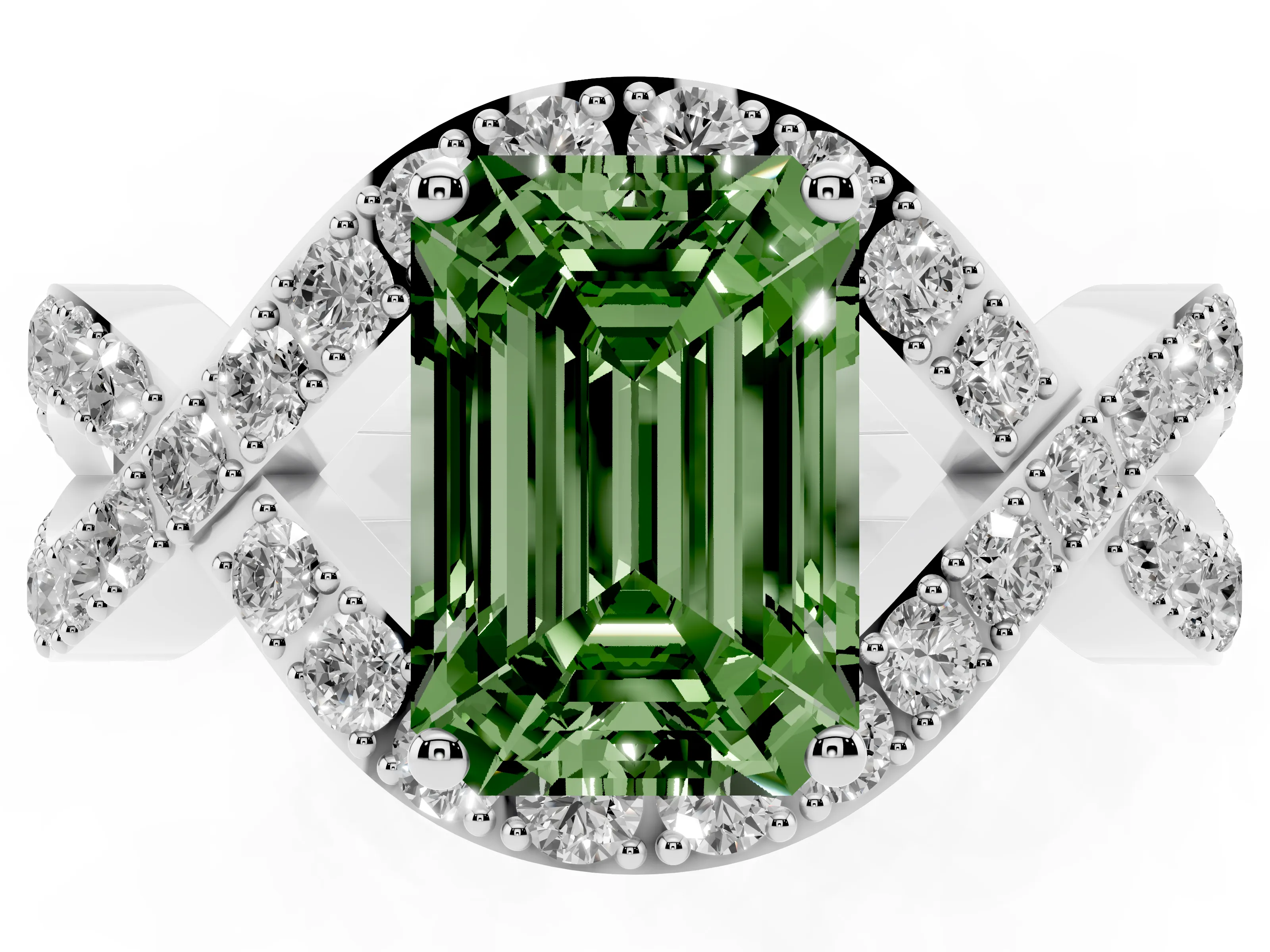 Fancy Green Emerald Cut Diamond Solitaire Twist Band Pavé Engagement Ring Set in White gold