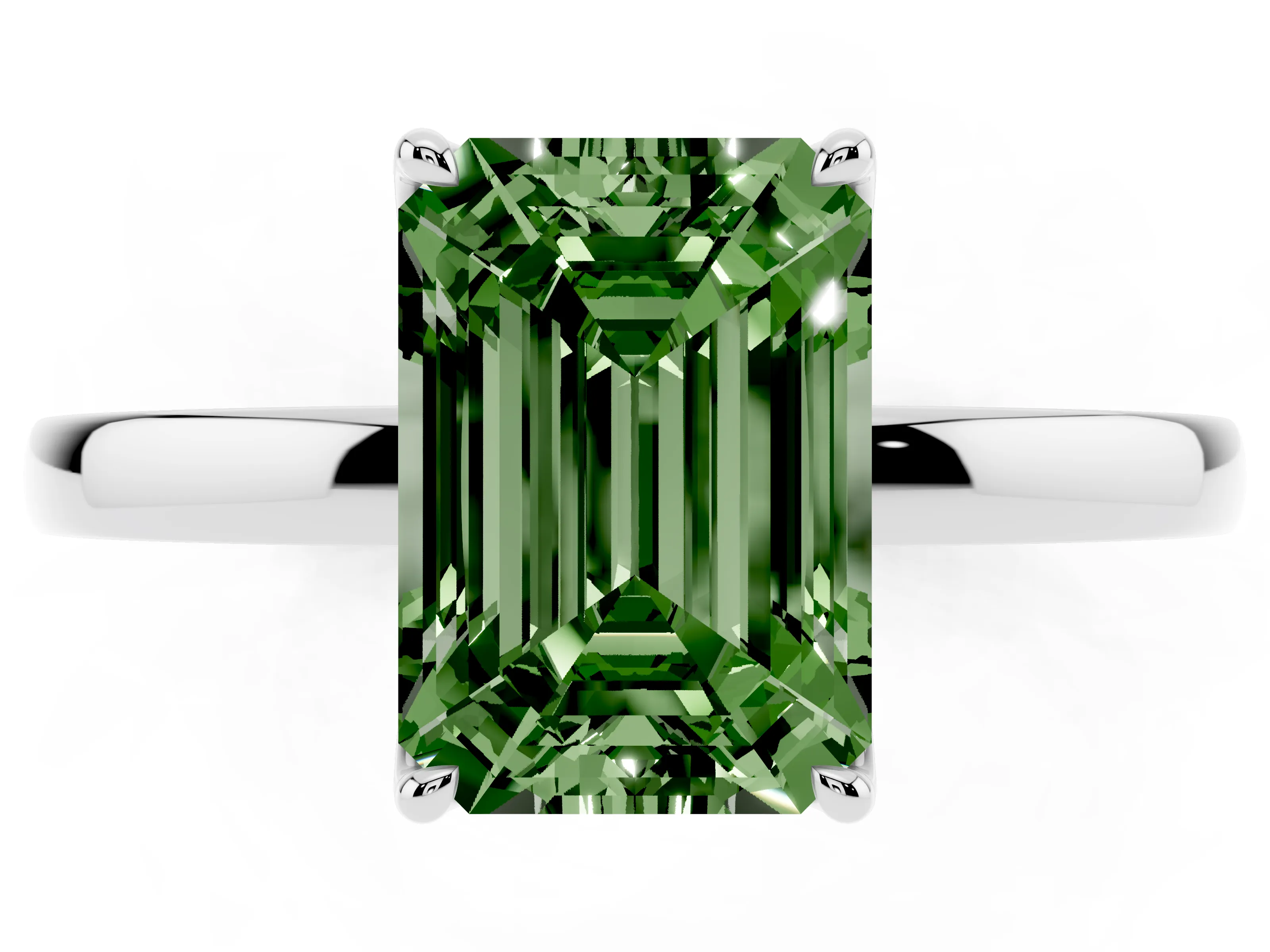 Fancy Green Emerald Cut Diamond Solitaire Ring Set in White gold with Prong Setting and Thin Polished Band