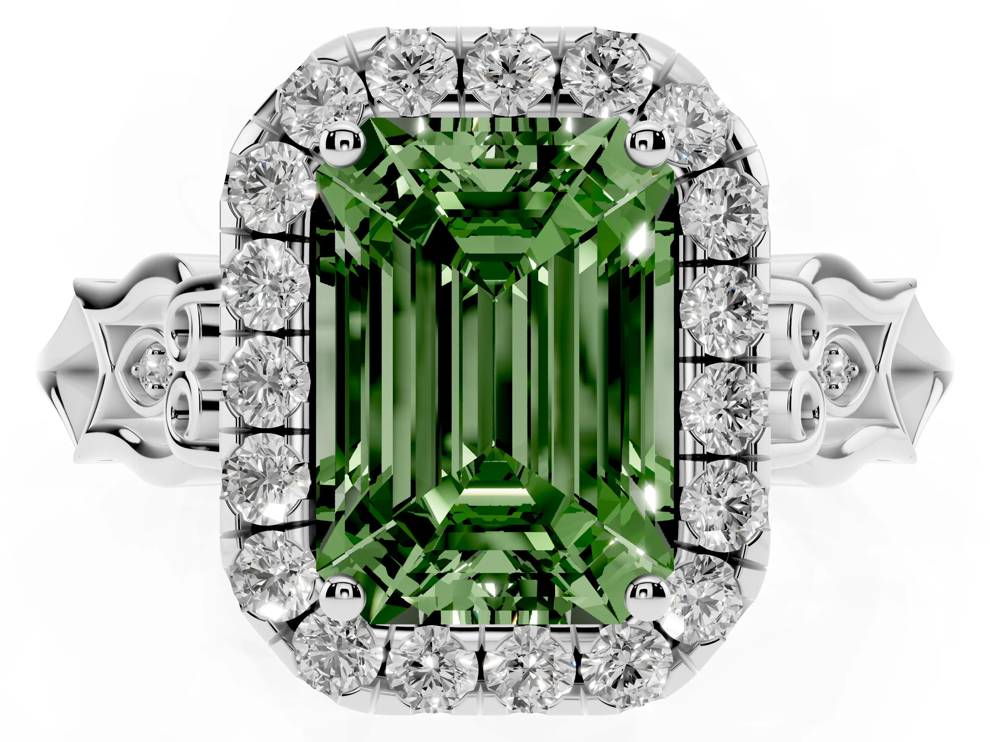 Fancy Green Emerald Cut Diamond Halo Engagement Ring Set in Platinum with Filigree Band and Prong-Set Center