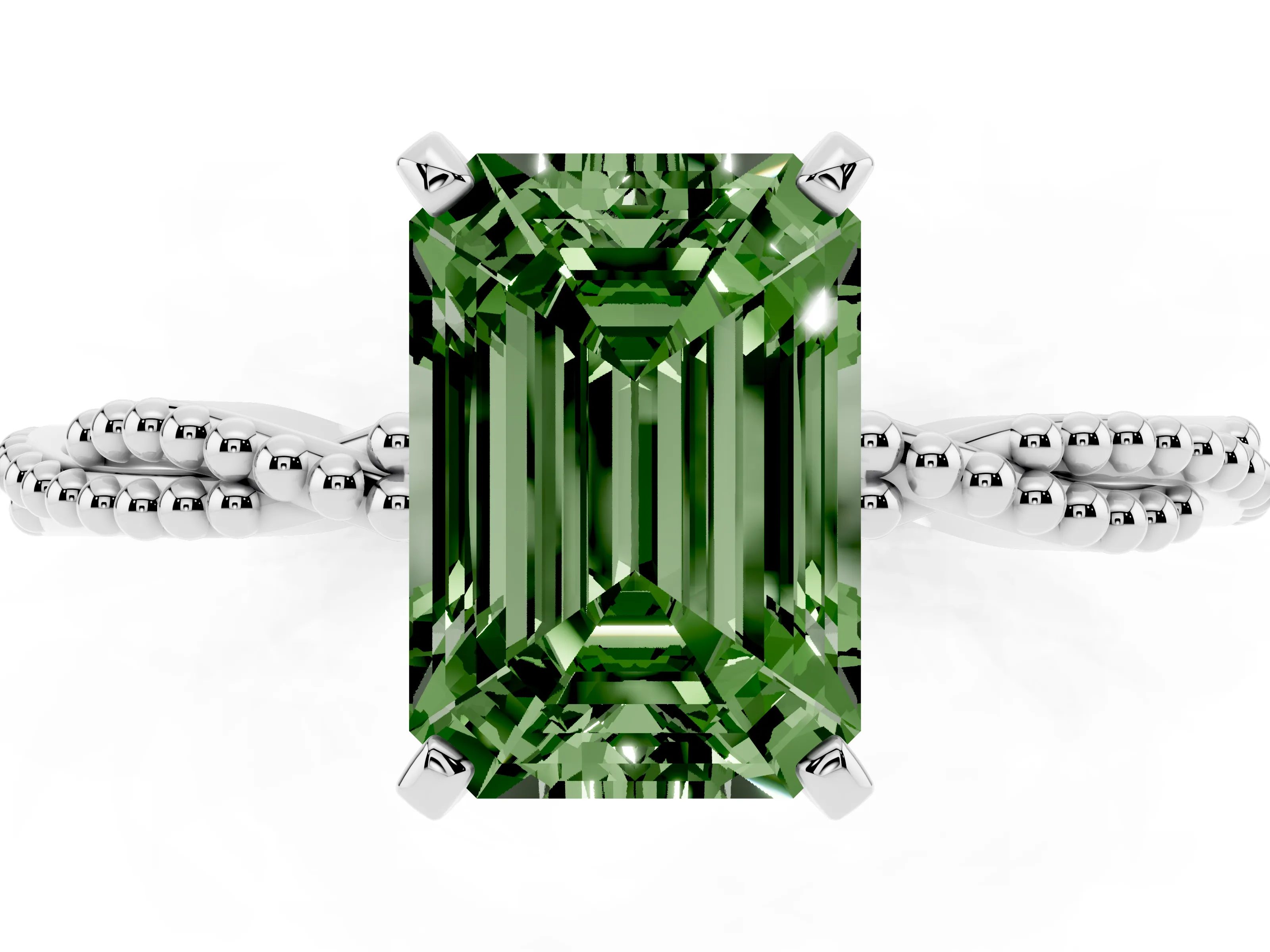 Fancy Green Emerald Cut Diamond Solitaire Ring Set in White gold with Twisted Band and Bead Prong Setting