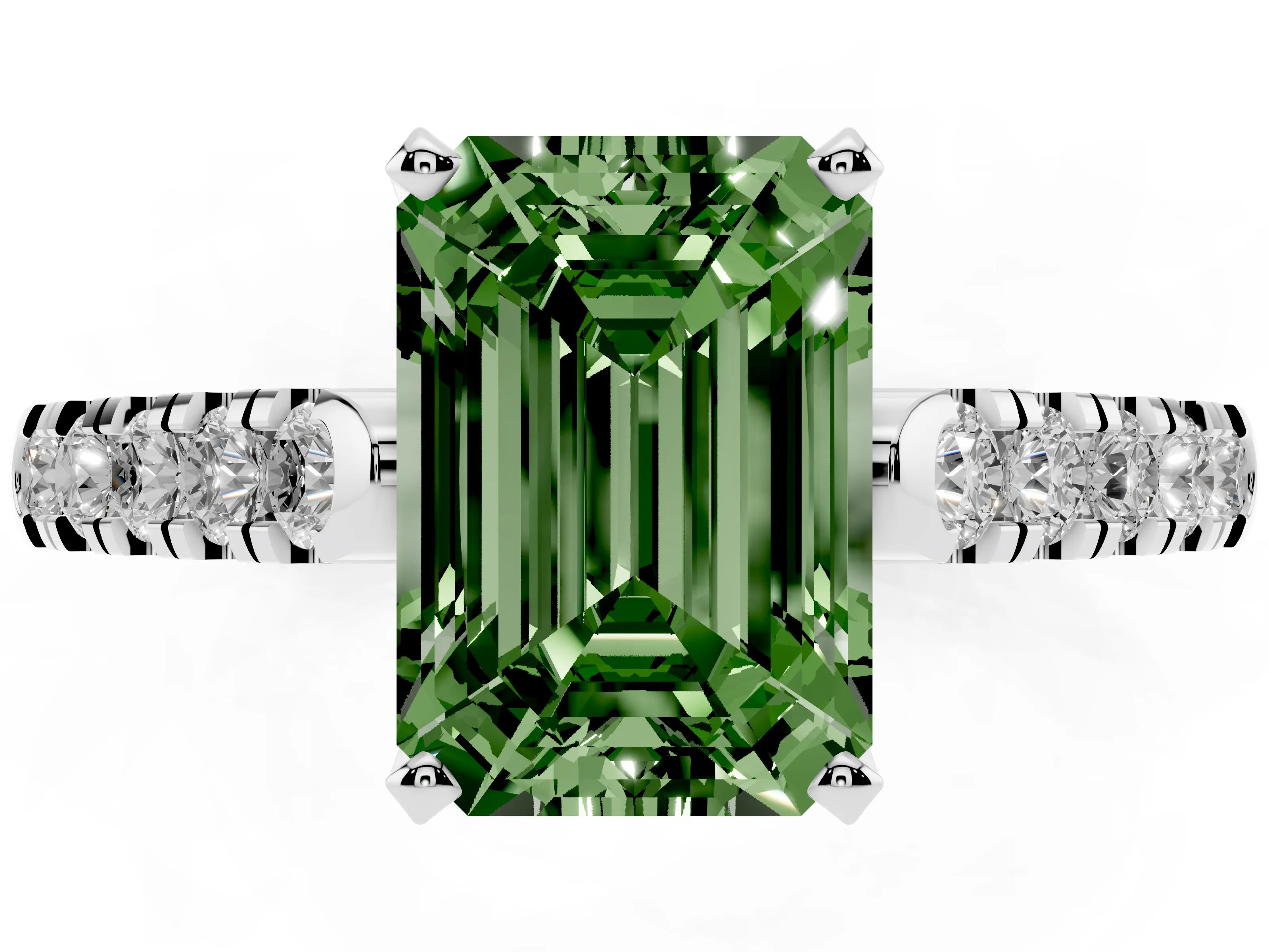 Fancy Green Emerald Cut Diamond Pavé Band Solitaire Ring Set in White gold with Partway Accent Stones and Prong Setting