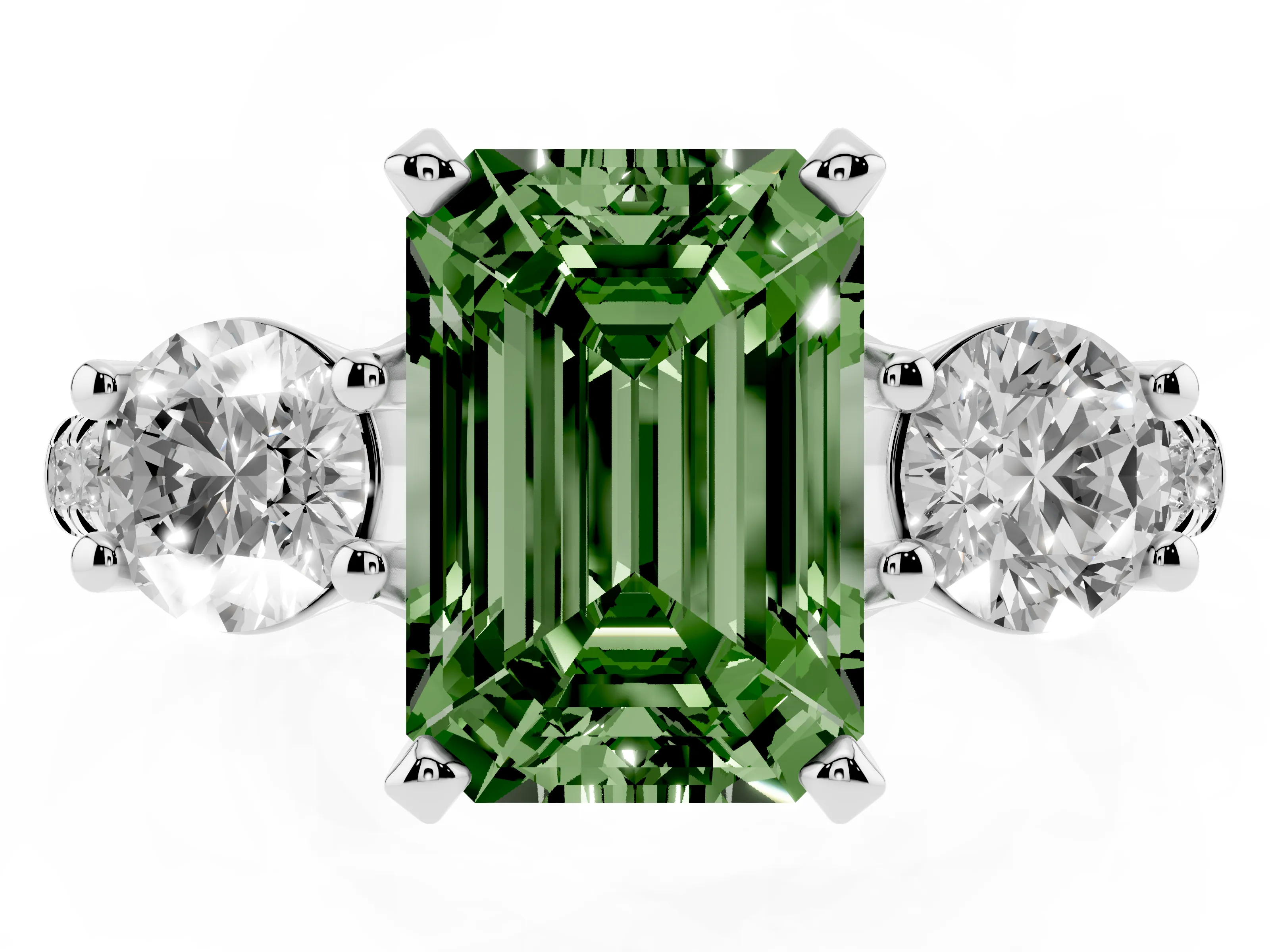 Fancy Green Three-Stone Emerald Cut Diamond Pavé Band Ring Set in Silver with Prong-Set Trio