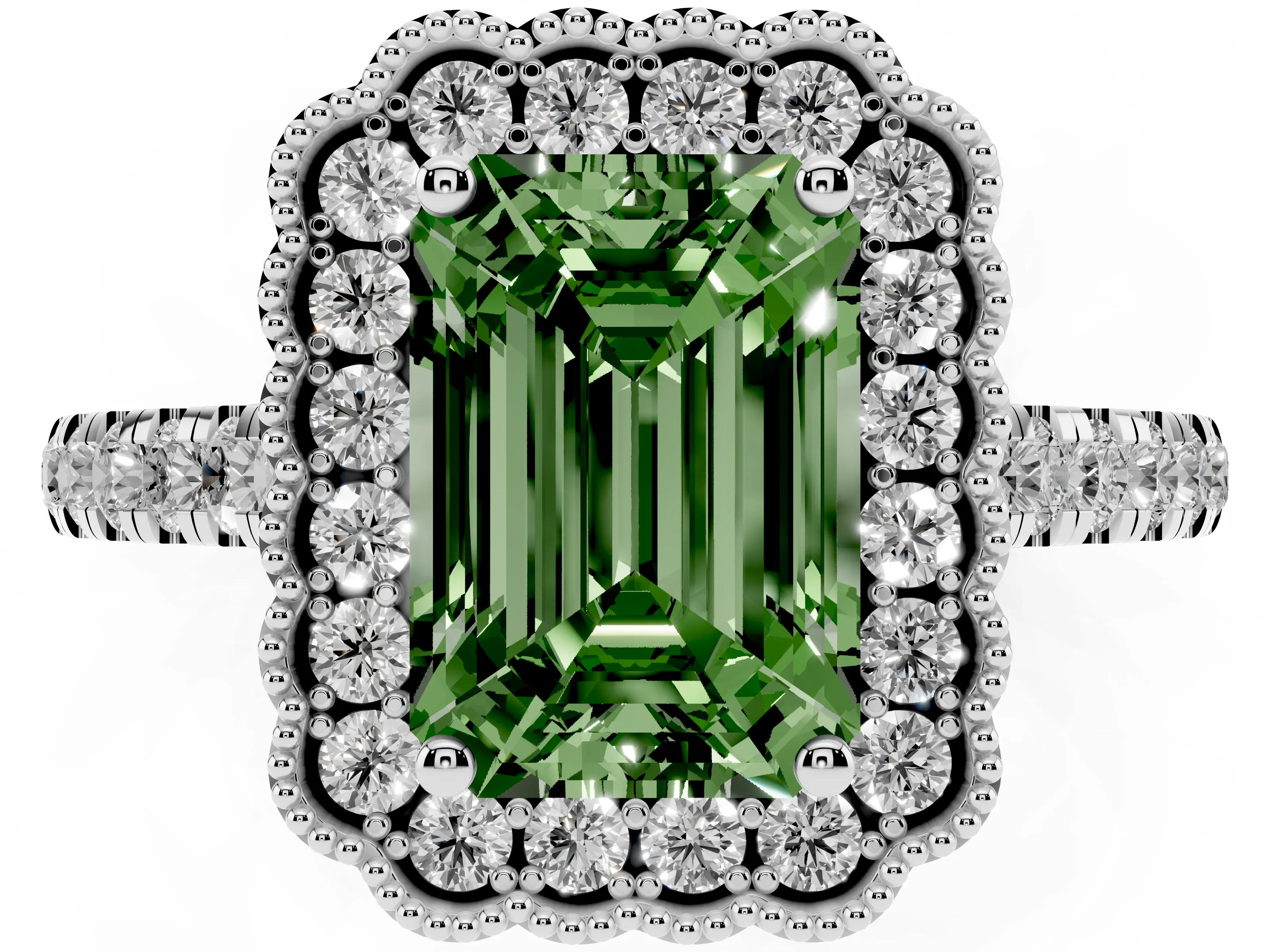 Fancy Green Emerald Cut Diamond Milgrain Floral Halo Engagement Ring Set in White gold with Pavé Band