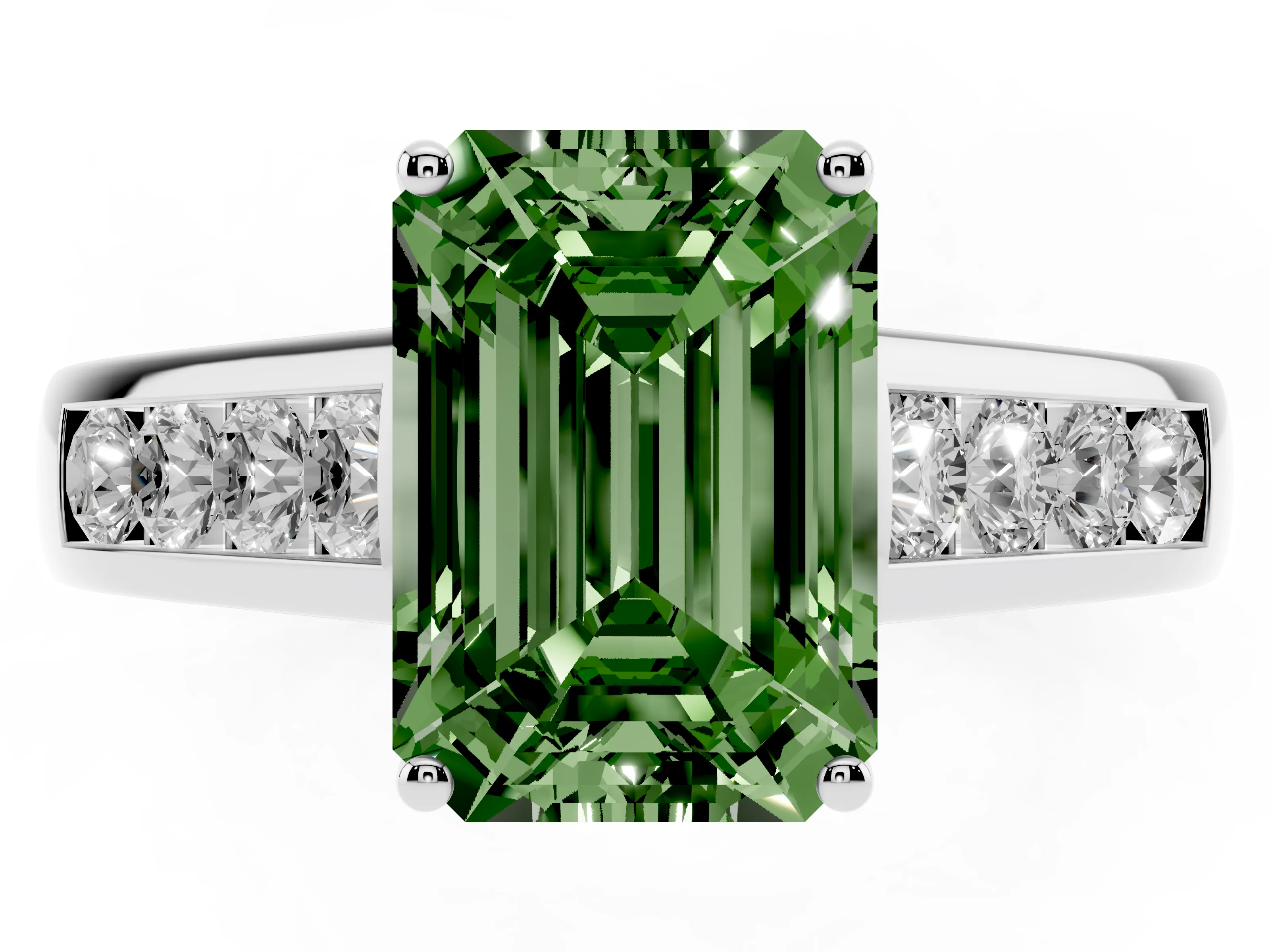 Fancy Green Emerald Cut Diamond Brilliant Channel-Set Solitaire Ring Set in Silver with Prong Setting