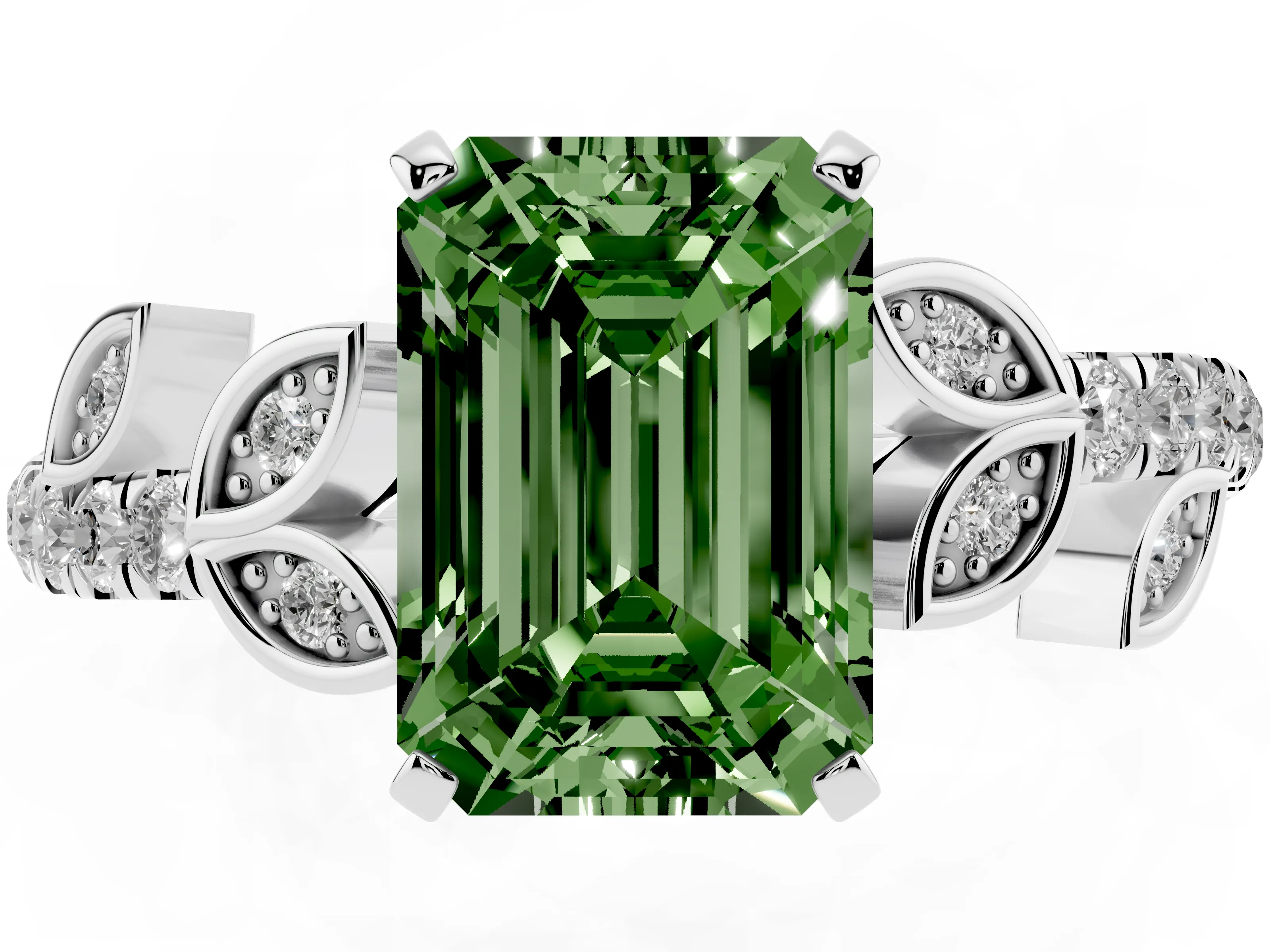 Fancy Green Emerald Cut Diamond Solitaire Leaf-Inspired Ring Set in Silver with Pavé Band and Prong Setting
