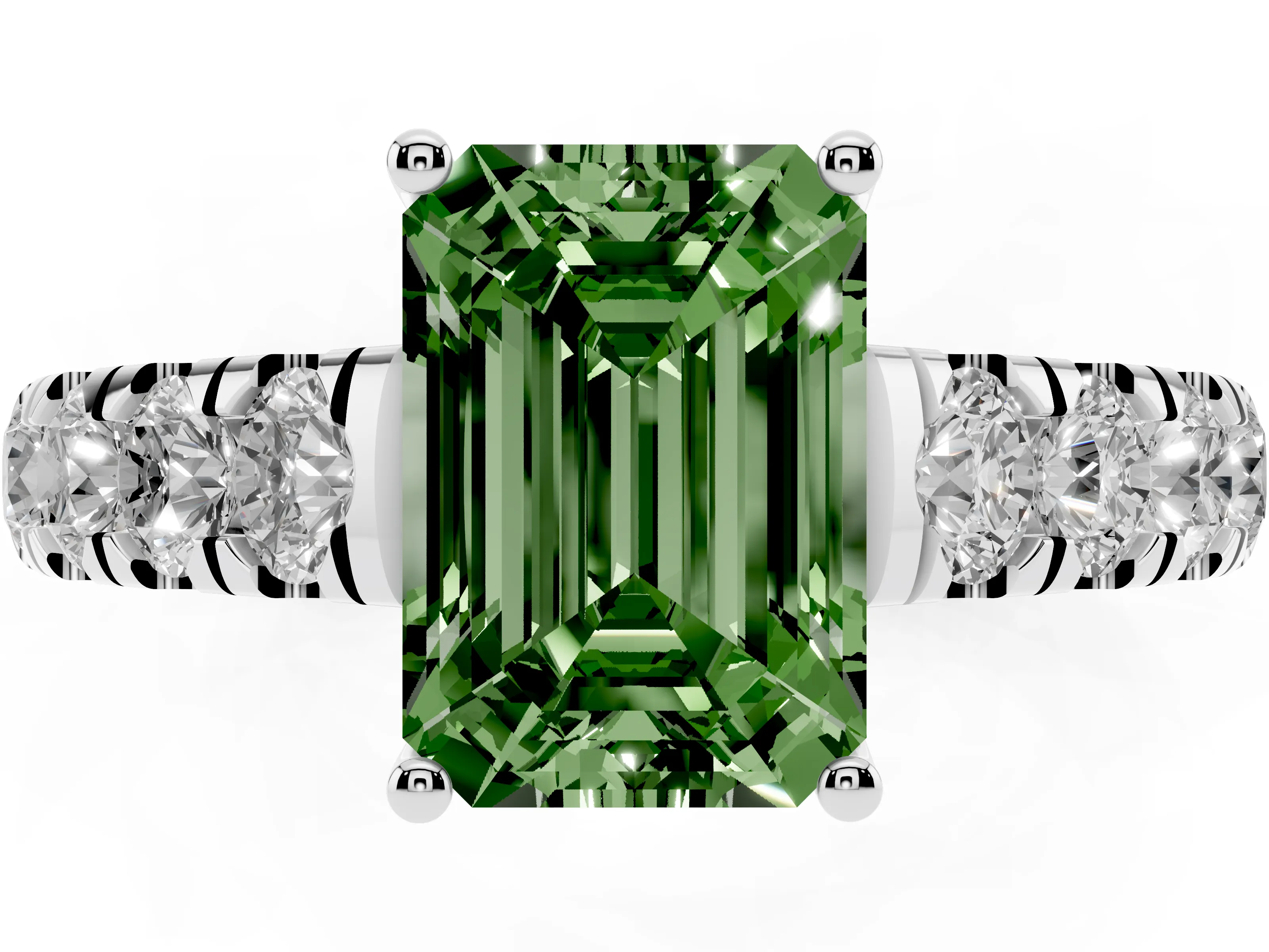 Fancy Green Emerald Cut Diamond Solitaire Ring Set in Silver with Cut-Down Micro Pavé Band and Prong Setting
