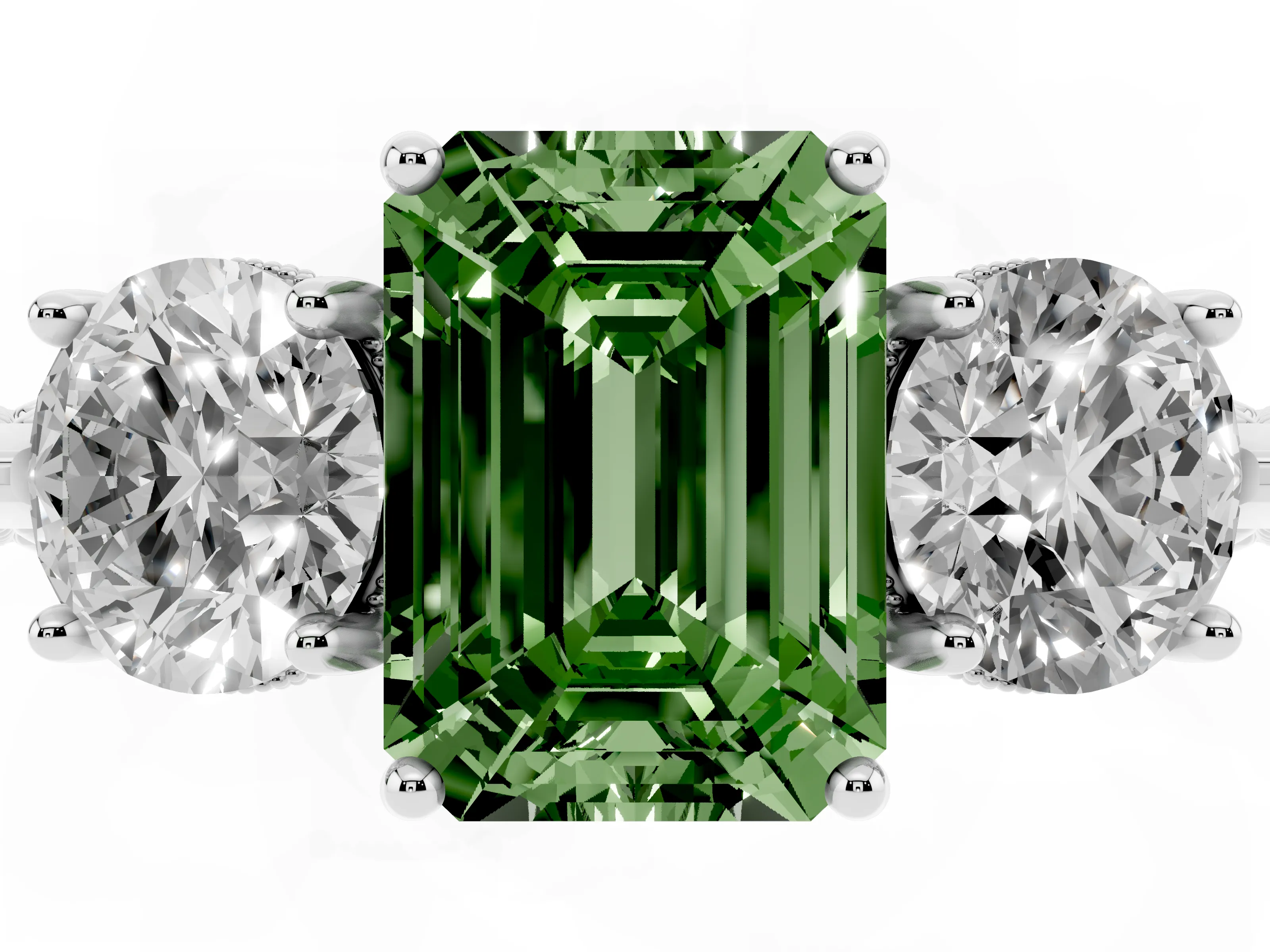 Fancy Green Emerald Cut Diamond Three-Stone Ring Set in Silver with Milgrain Band