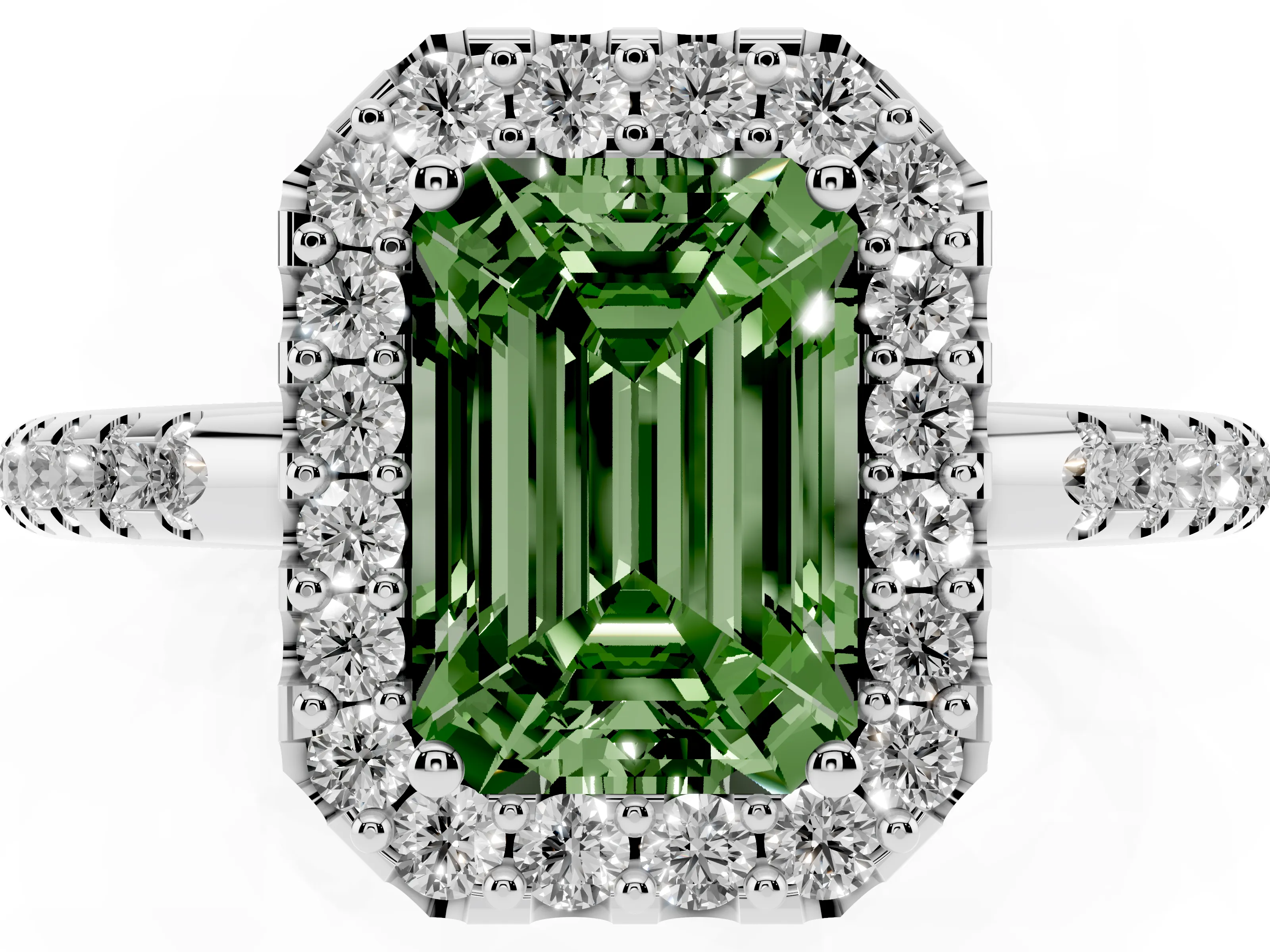 Fancy Green Emerald Cut Diamond Pavé Halo Ring Set in Platinum with Prong Setting