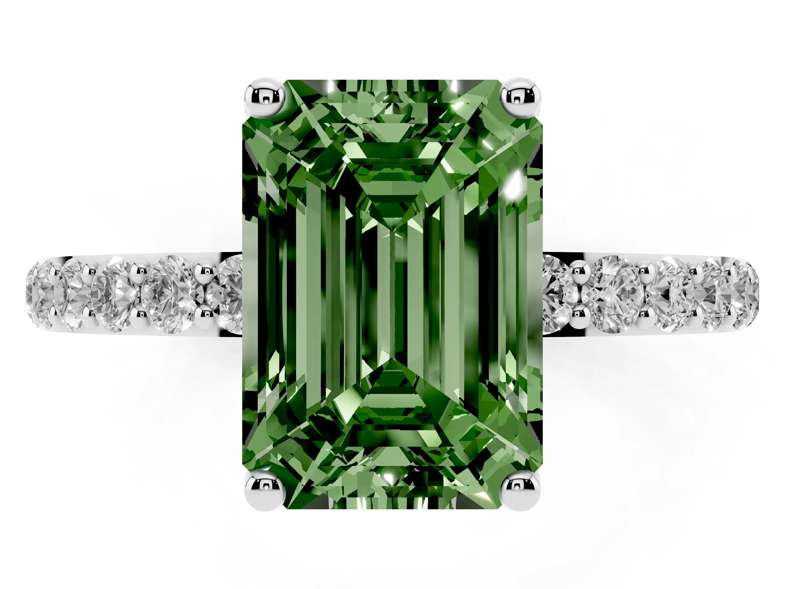 Fancy Green Emerald Cut Diamond Solitaire Engagement Ring Set in Platinum with Round Pavé Band and Prong Setting