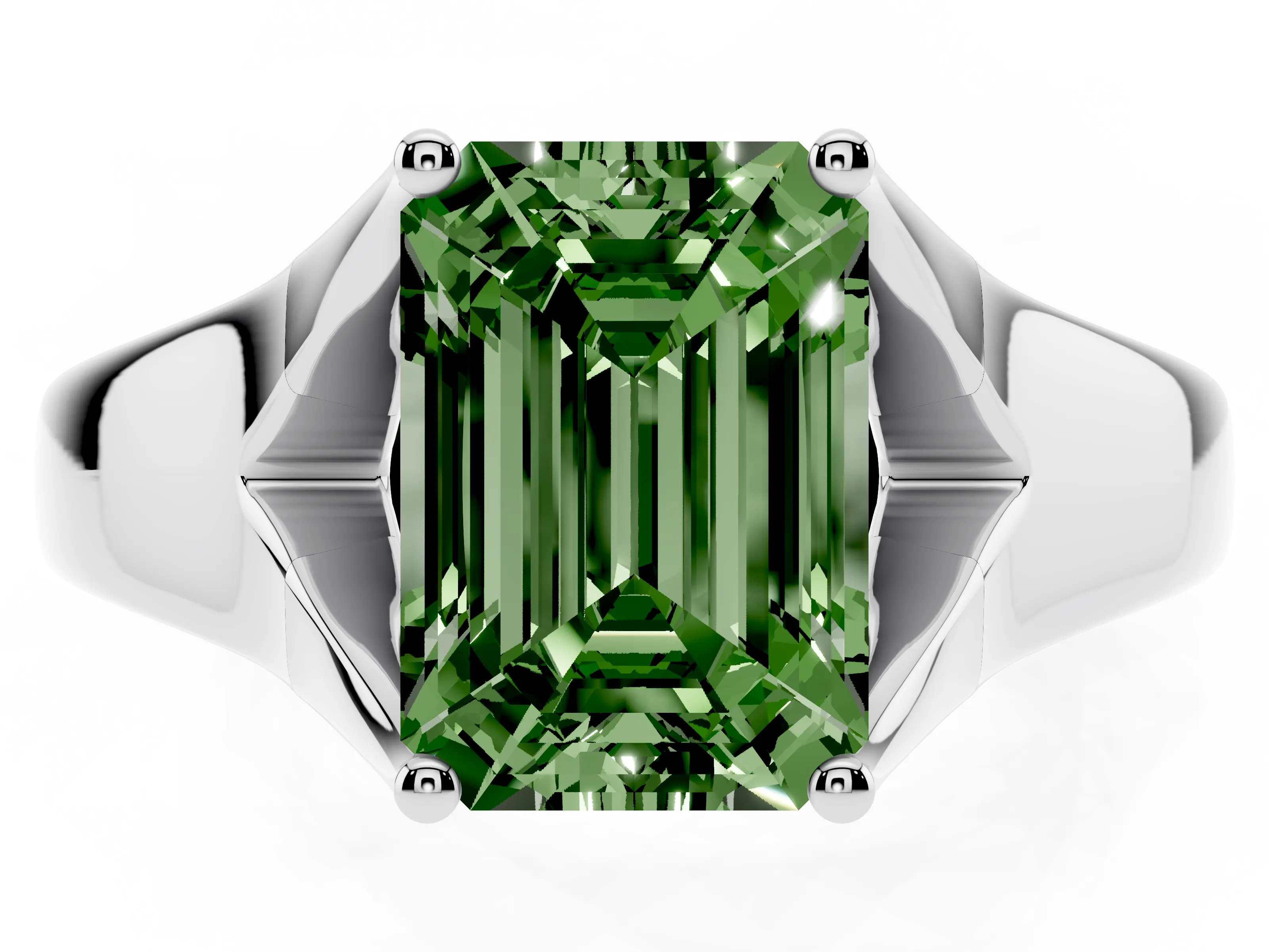 Fancy Green Emerald Cut Diamond Solitaire Ring Set in White gold with Arched Cathedral Band and Prong Setting